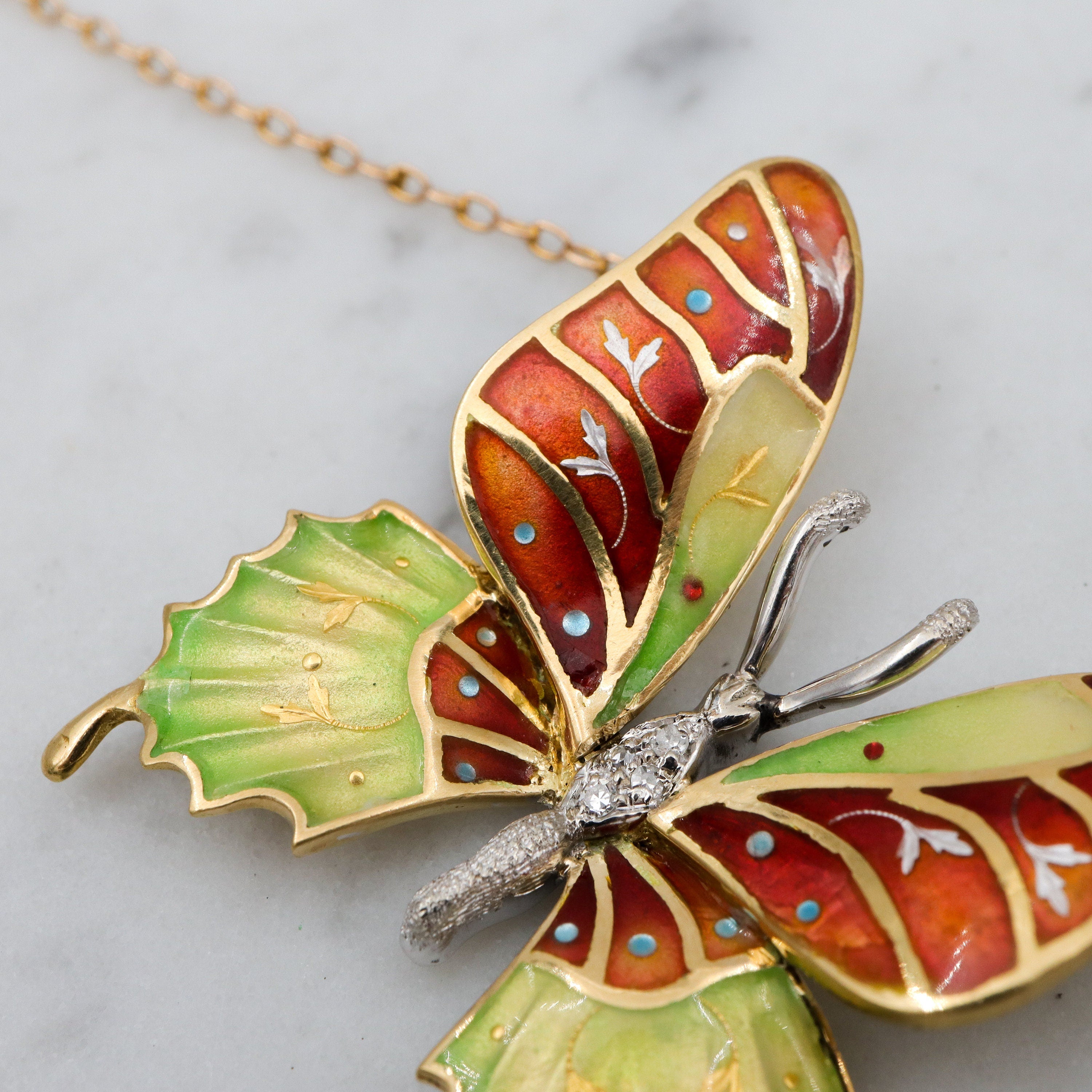 Antique 14k gold enamel & diamond butterfly pendant necklace