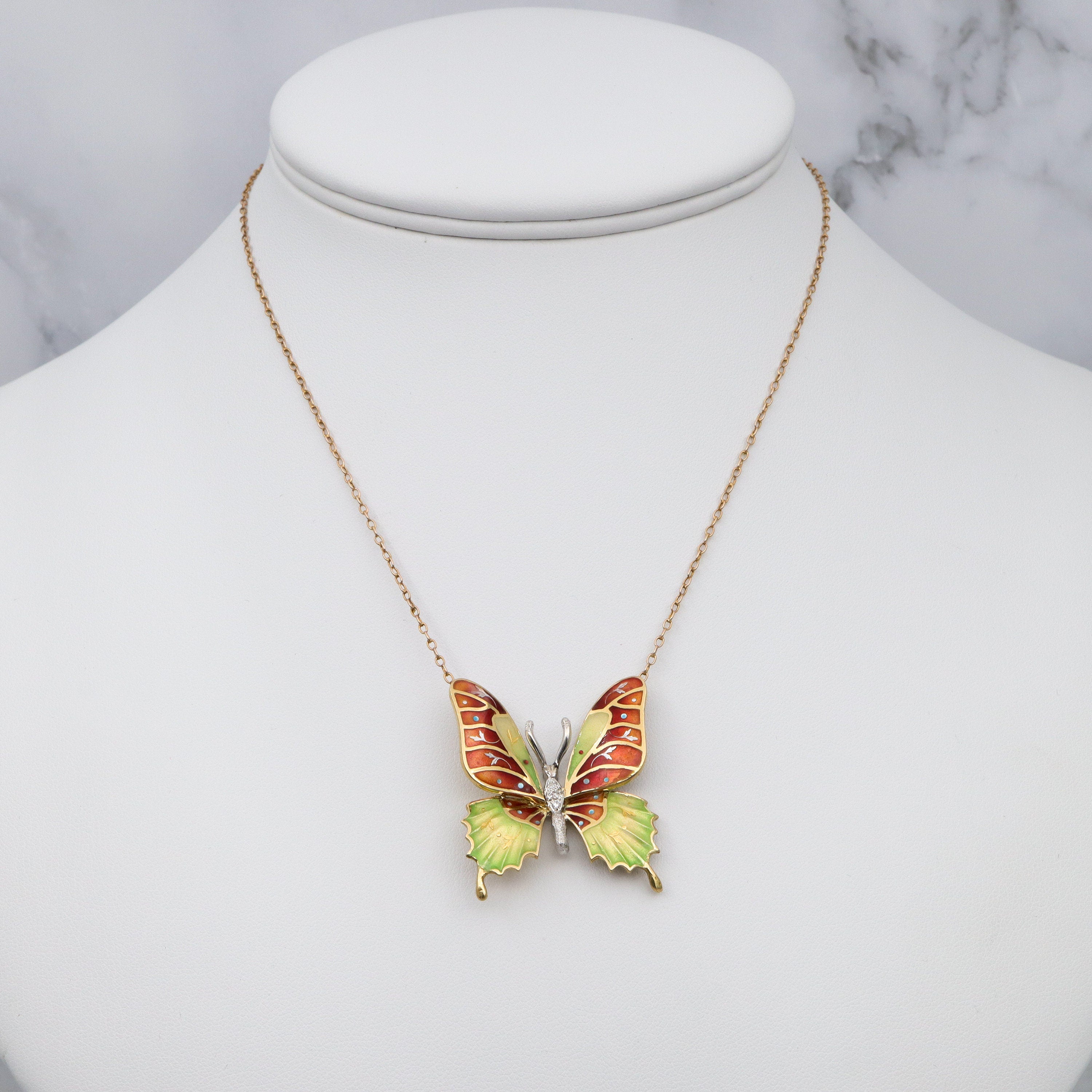 Antique 14k gold enamel & diamond butterfly pendant necklace