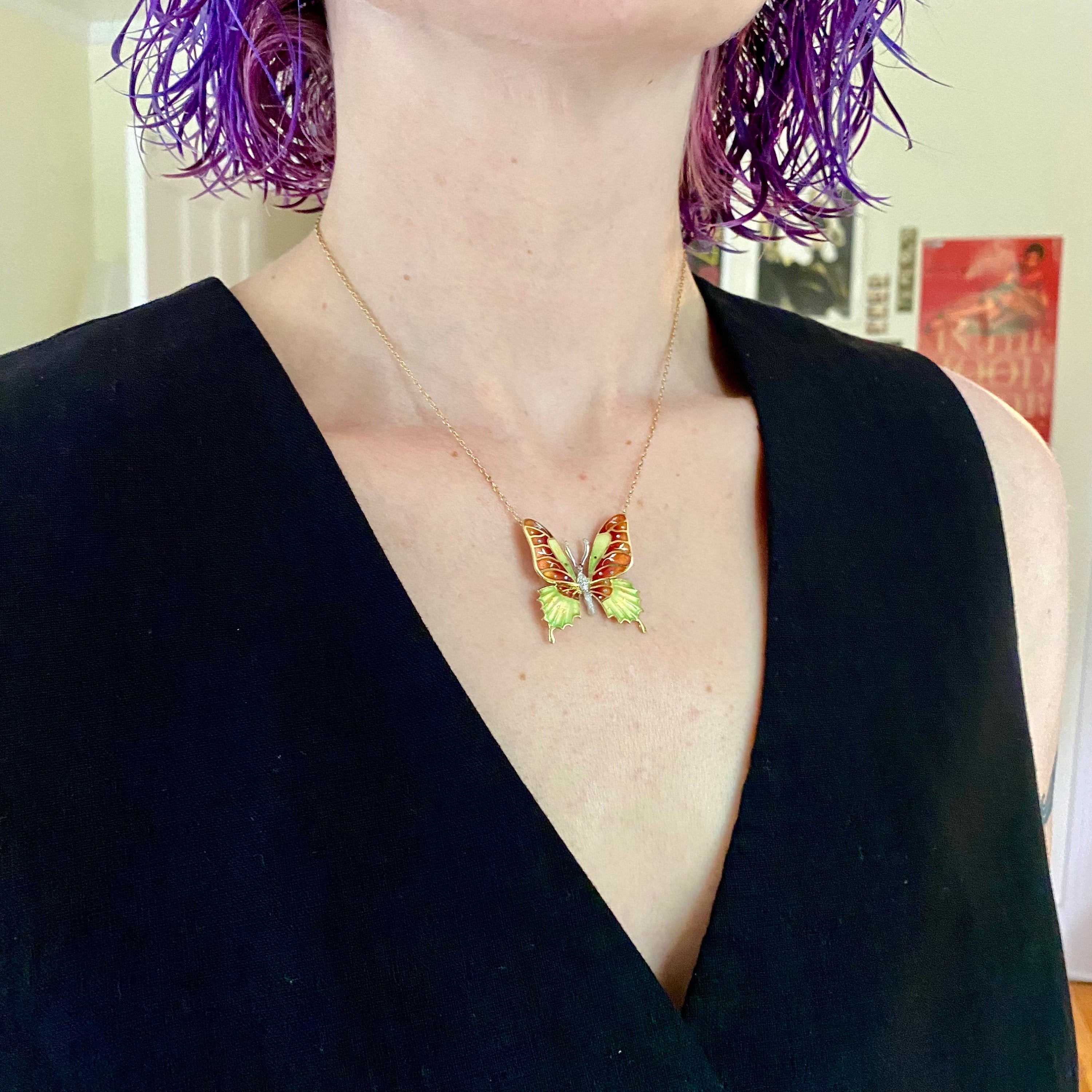 Antique 14k gold enamel & diamond butterfly pendant necklace