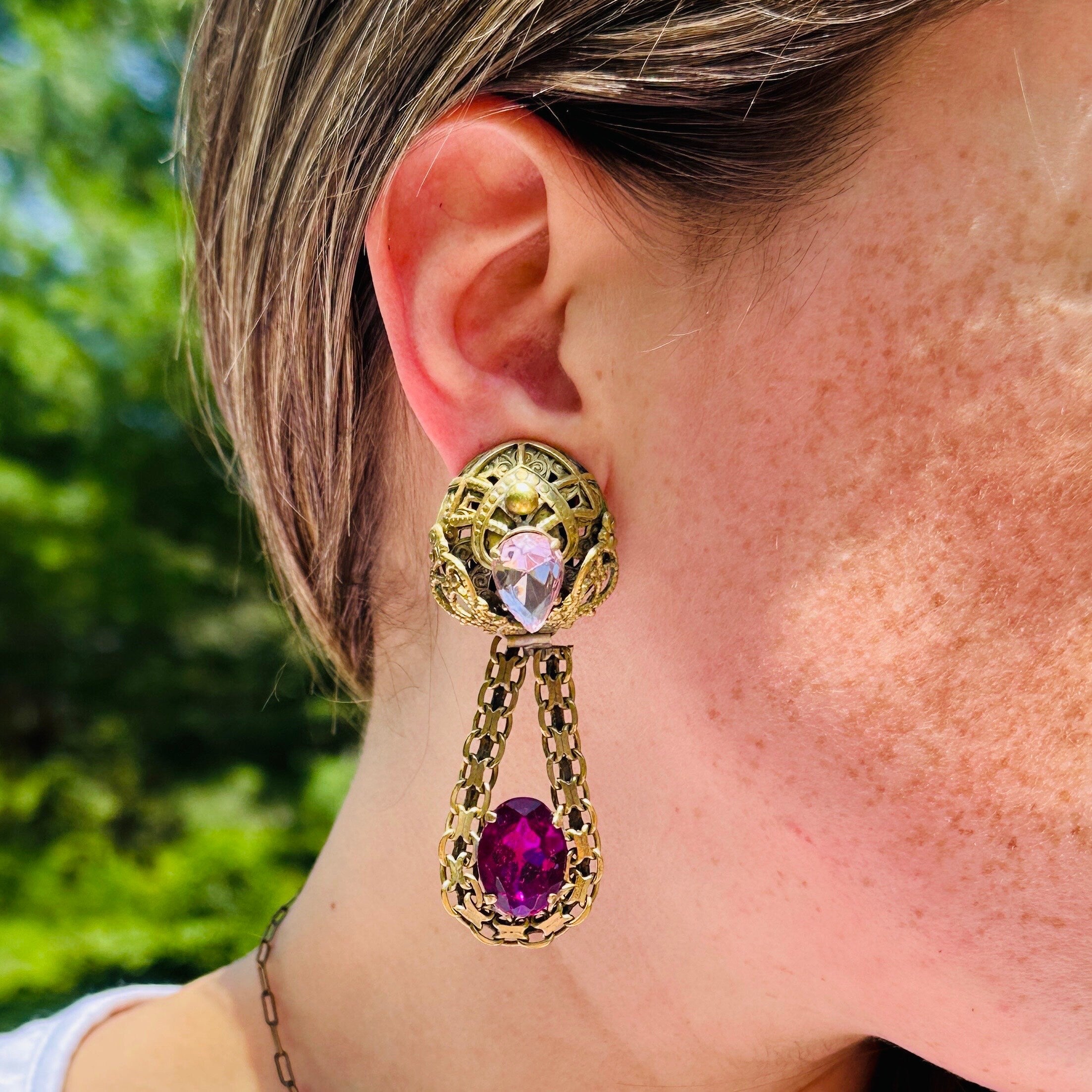 Massive Renaissance Revival brass & purple rhinestones drop clip on earrings