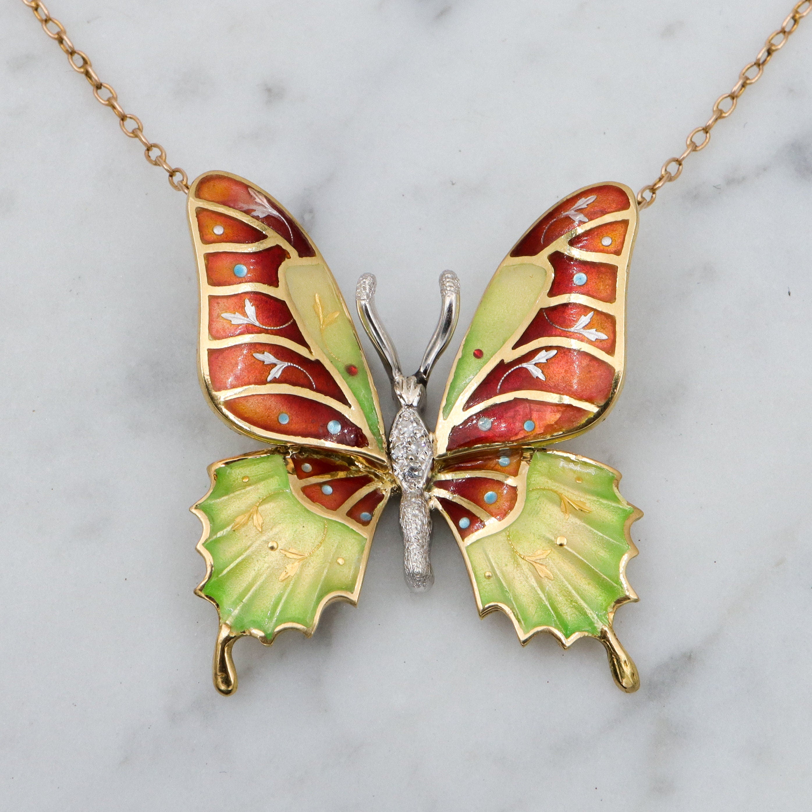Antique 14k gold enamel & diamond butterfly pendant necklace