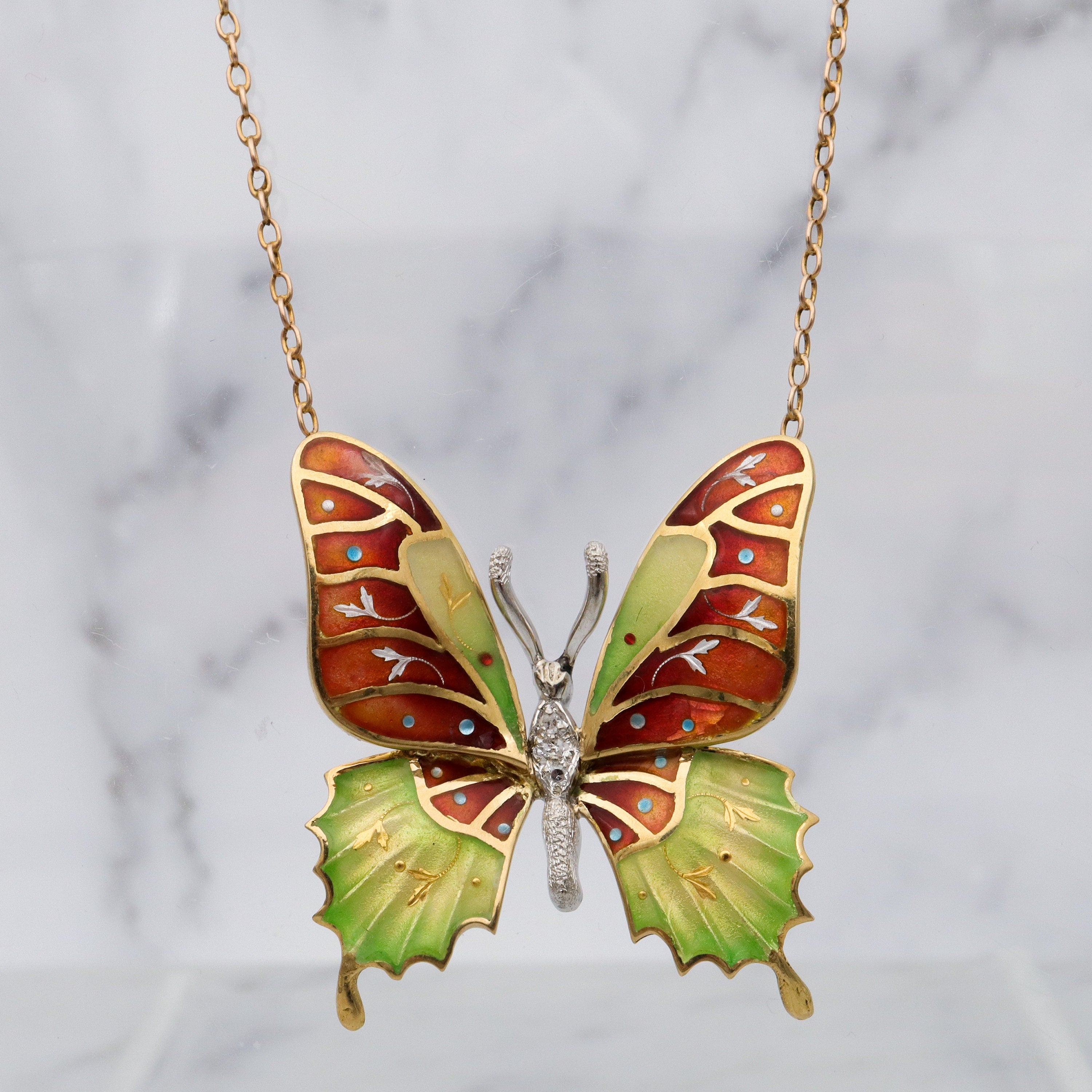 Antique 14k gold enamel & diamond butterfly pendant necklace
