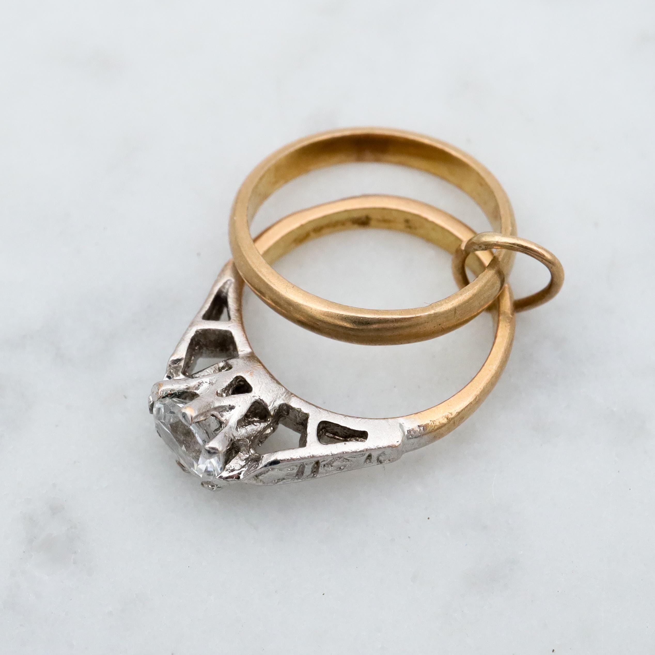Vintage English 9k gold engagement & wedding ring charm pendant