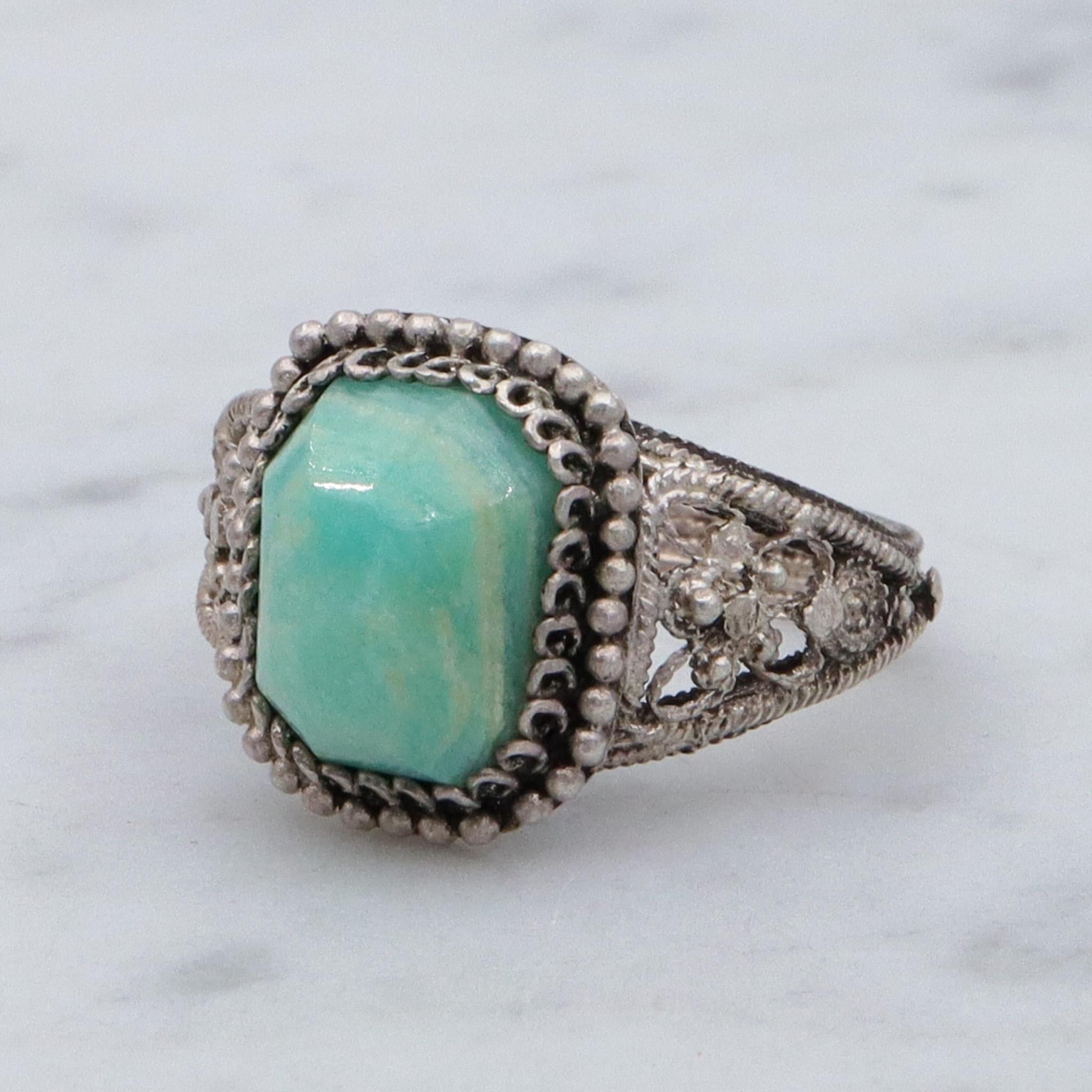 Antique Chinese export silver filigree wirework & amazonite ring, sz 5.75