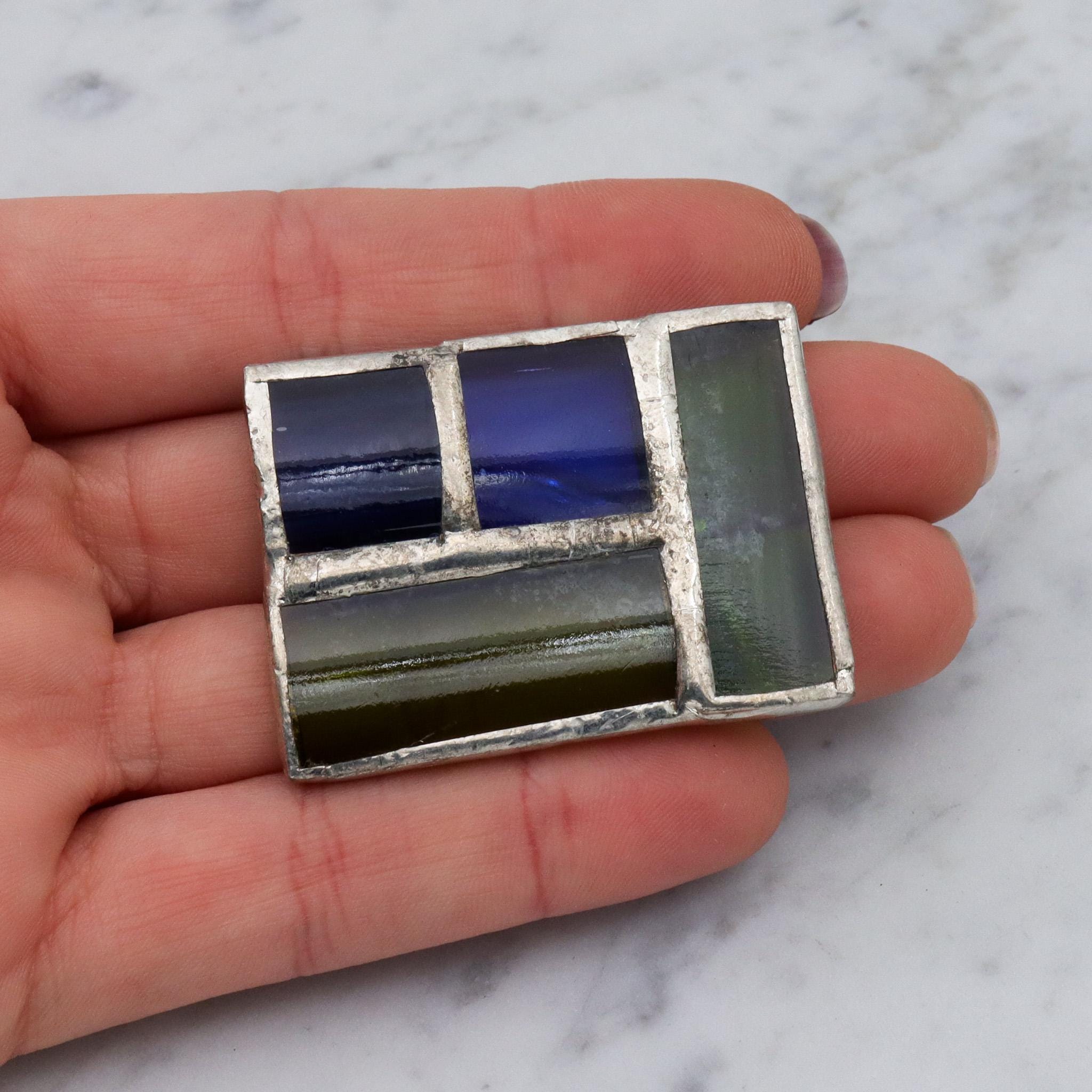 Retro handmade soldered stained glass windowpane brooch