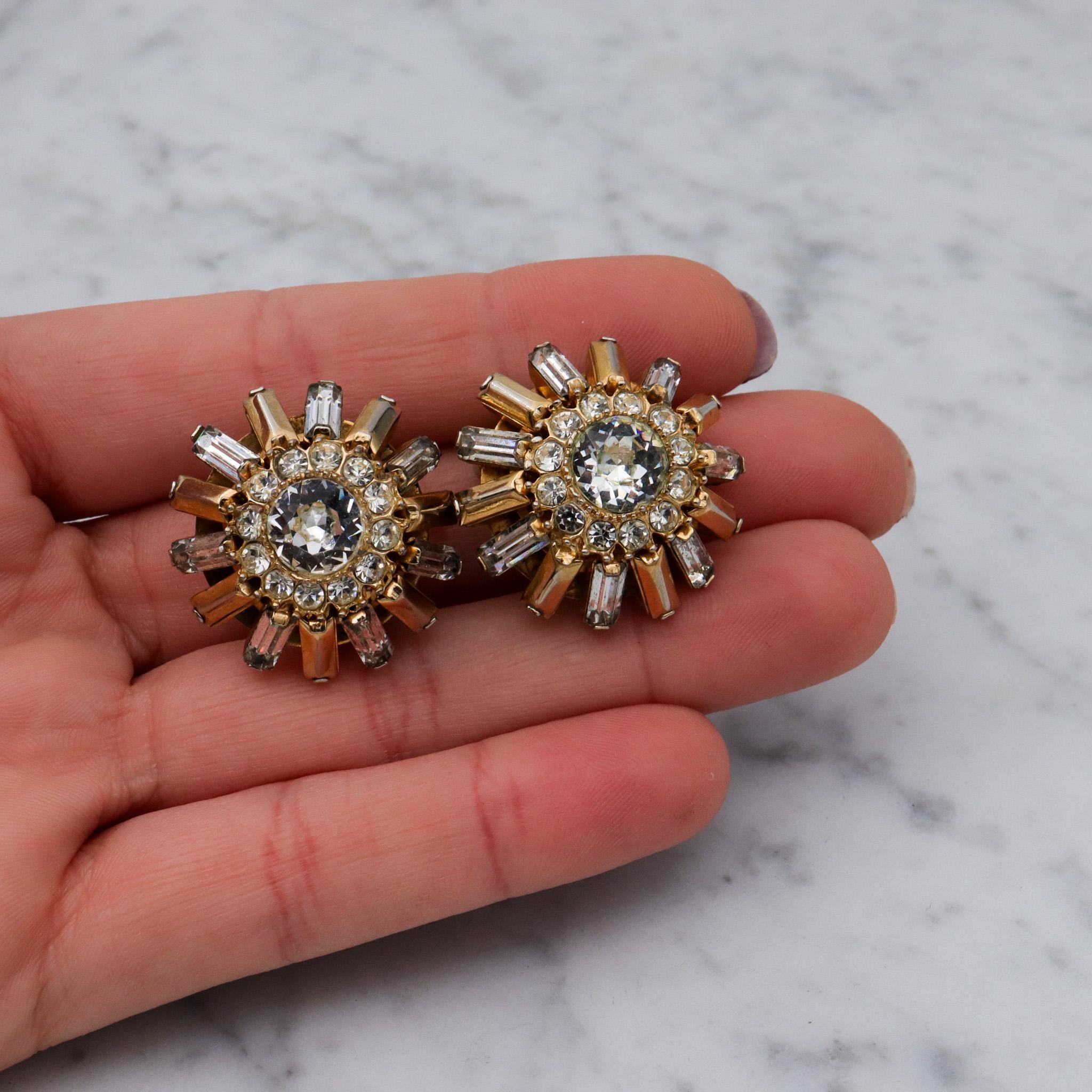 Vintage Mid Century Modern Hattie Carnegie gold plated rhinestone sunburst earrings