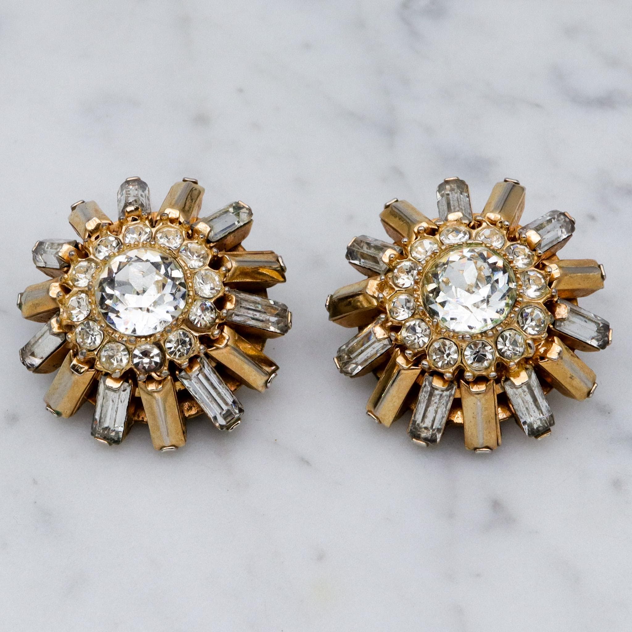 Vintage Mid Century Modern Hattie Carnegie gold plated rhinestone sunburst earrings