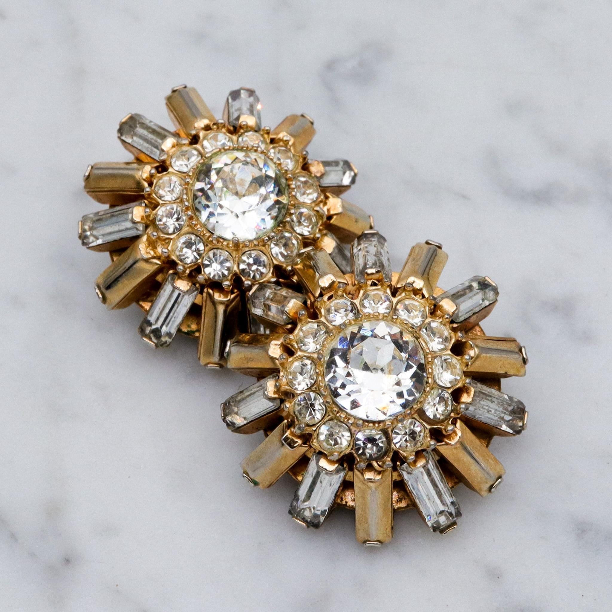 Vintage Mid Century Modern Hattie Carnegie gold plated rhinestone sunburst earrings