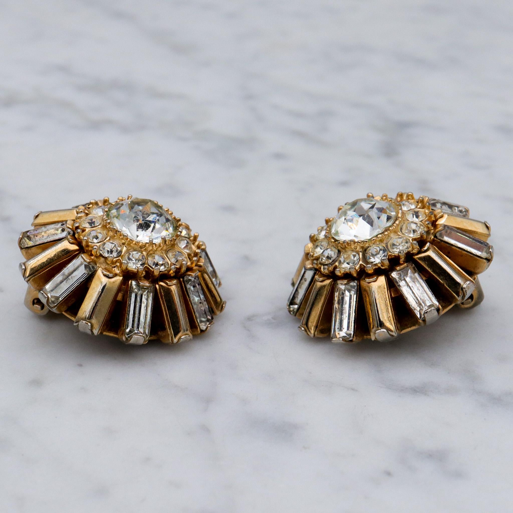 Vintage Mid Century Modern Hattie Carnegie gold plated rhinestone sunburst earrings