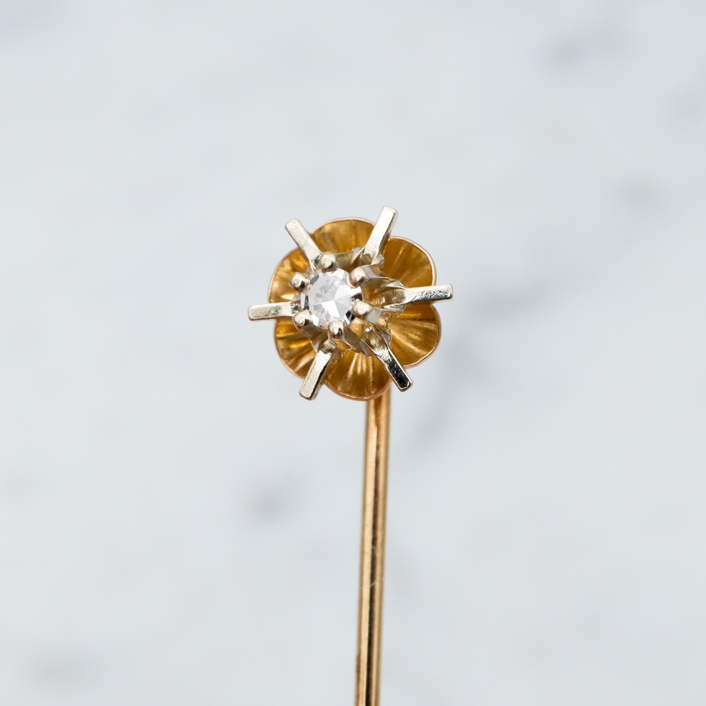Antique Art Deco 14k gold & diamond starburst stick pin