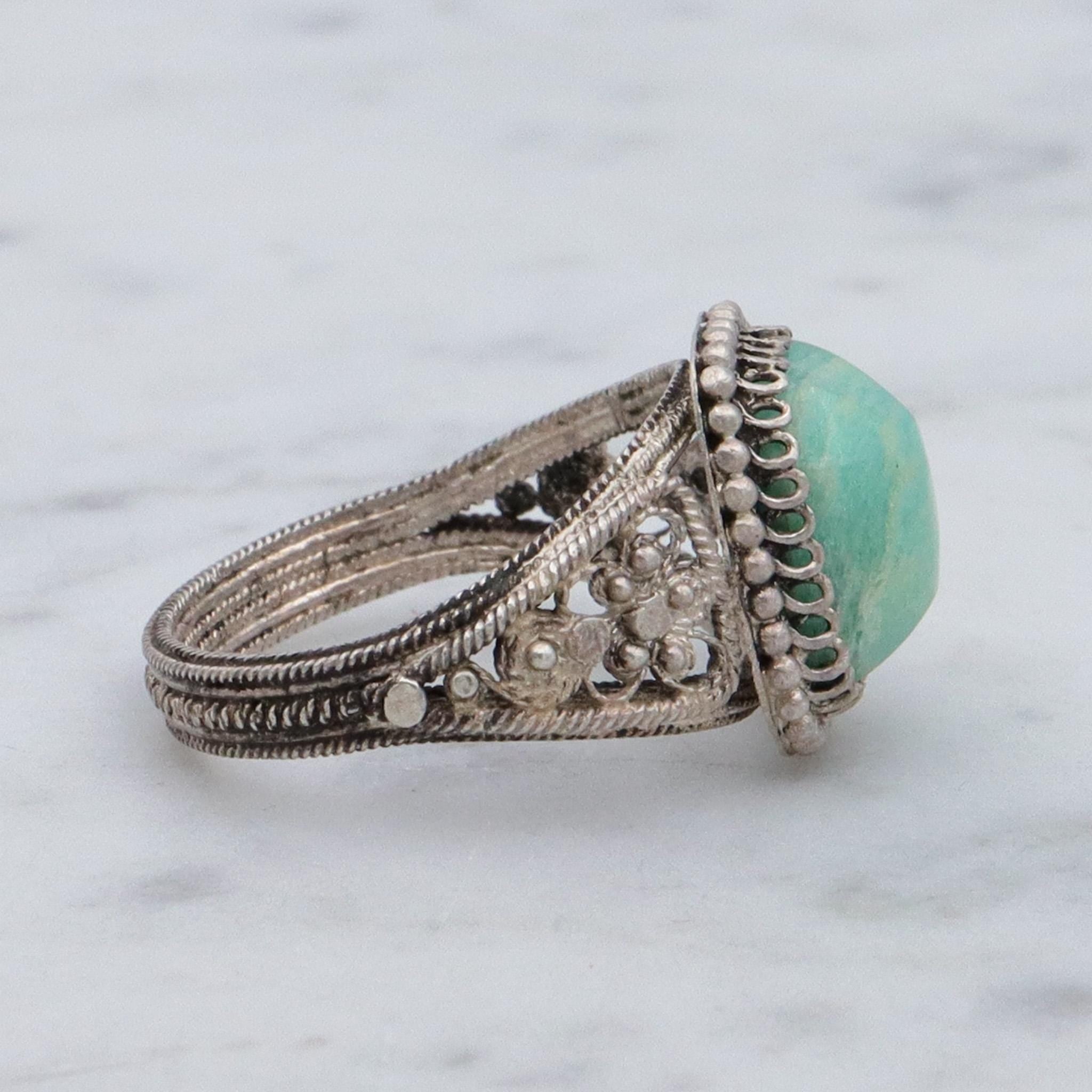 Antique Chinese export silver filigree wirework & amazonite ring, sz 5.75