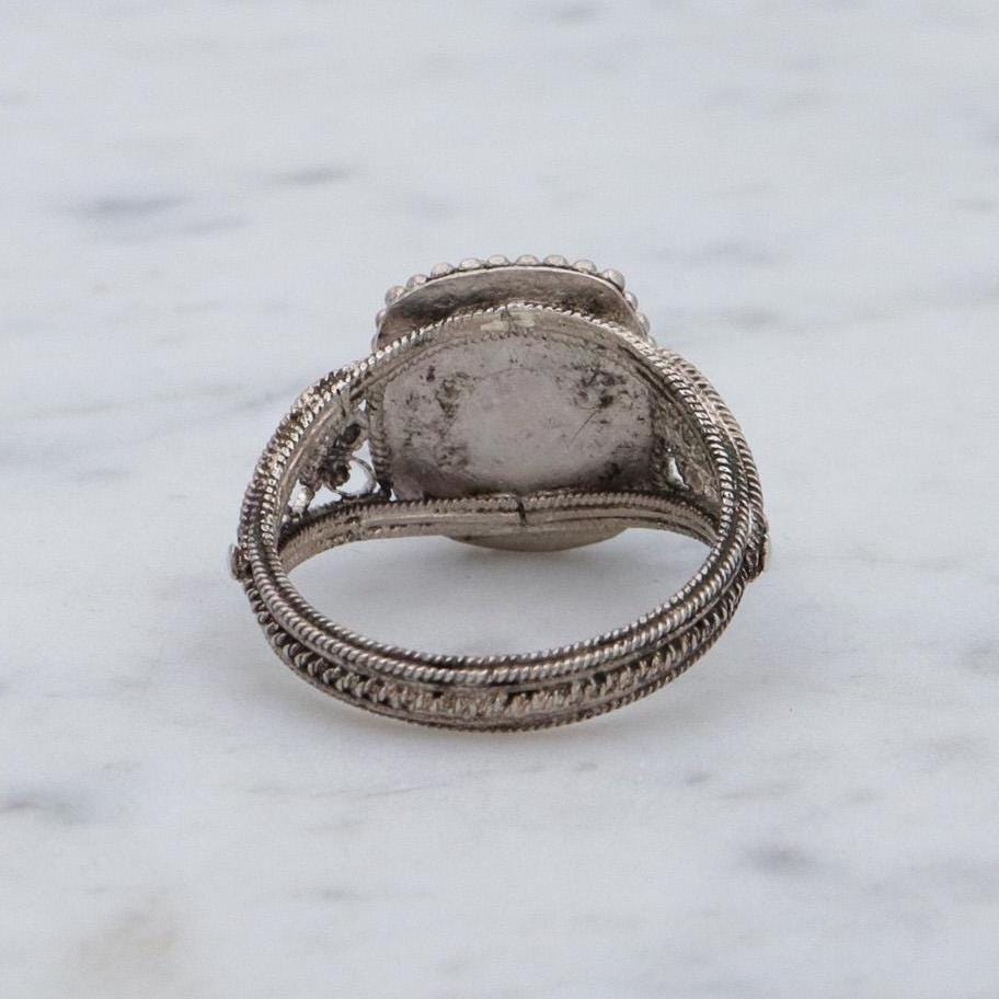 Antique Chinese export silver filigree wirework & amazonite ring, sz 5.75