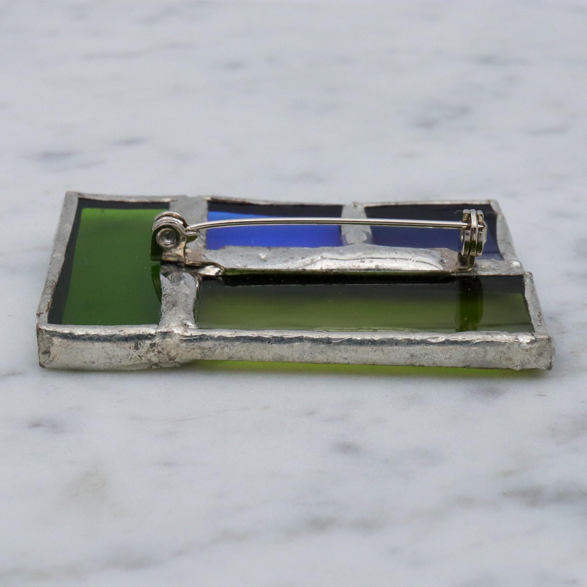 Retro handmade soldered stained glass windowpane brooch