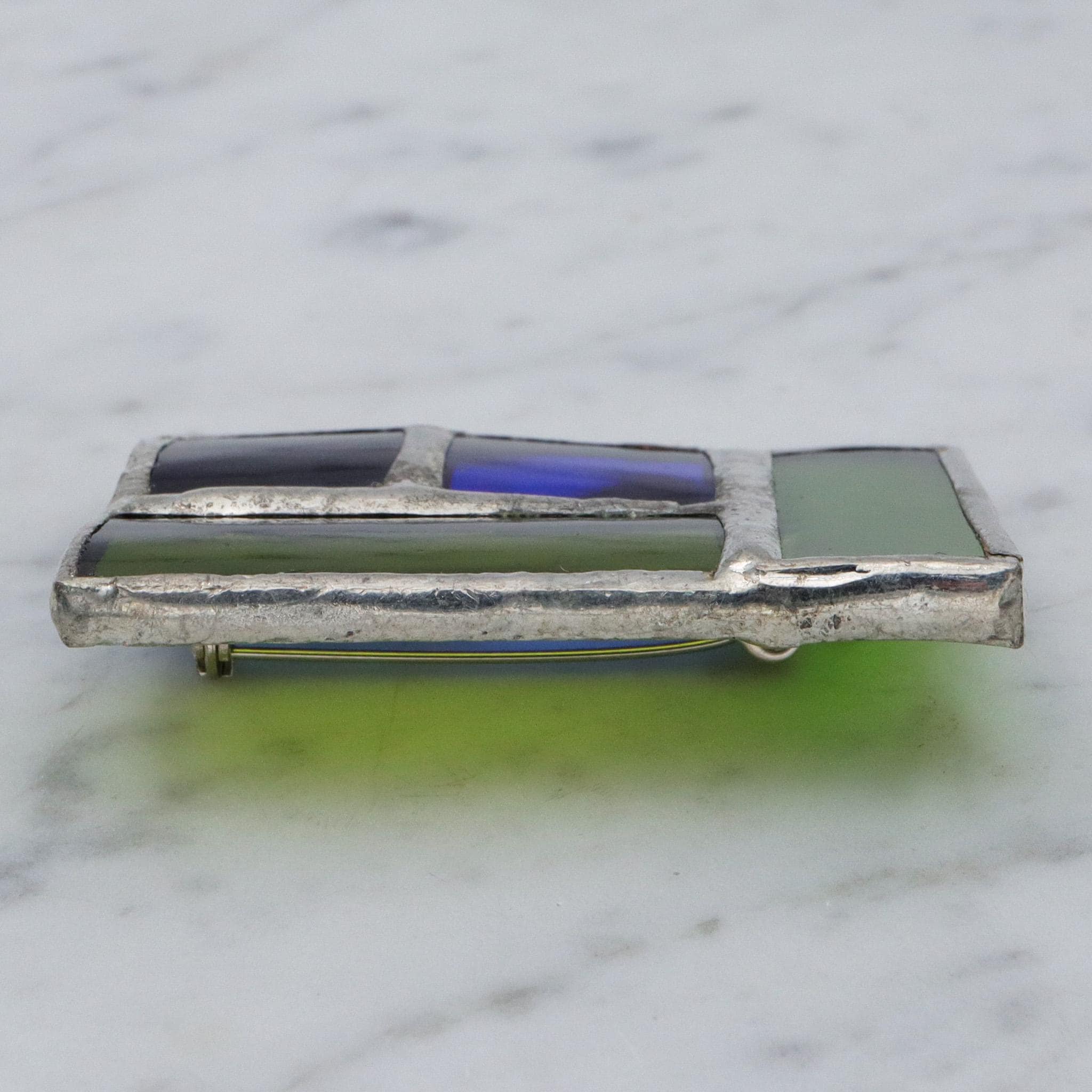 Retro handmade soldered stained glass windowpane brooch