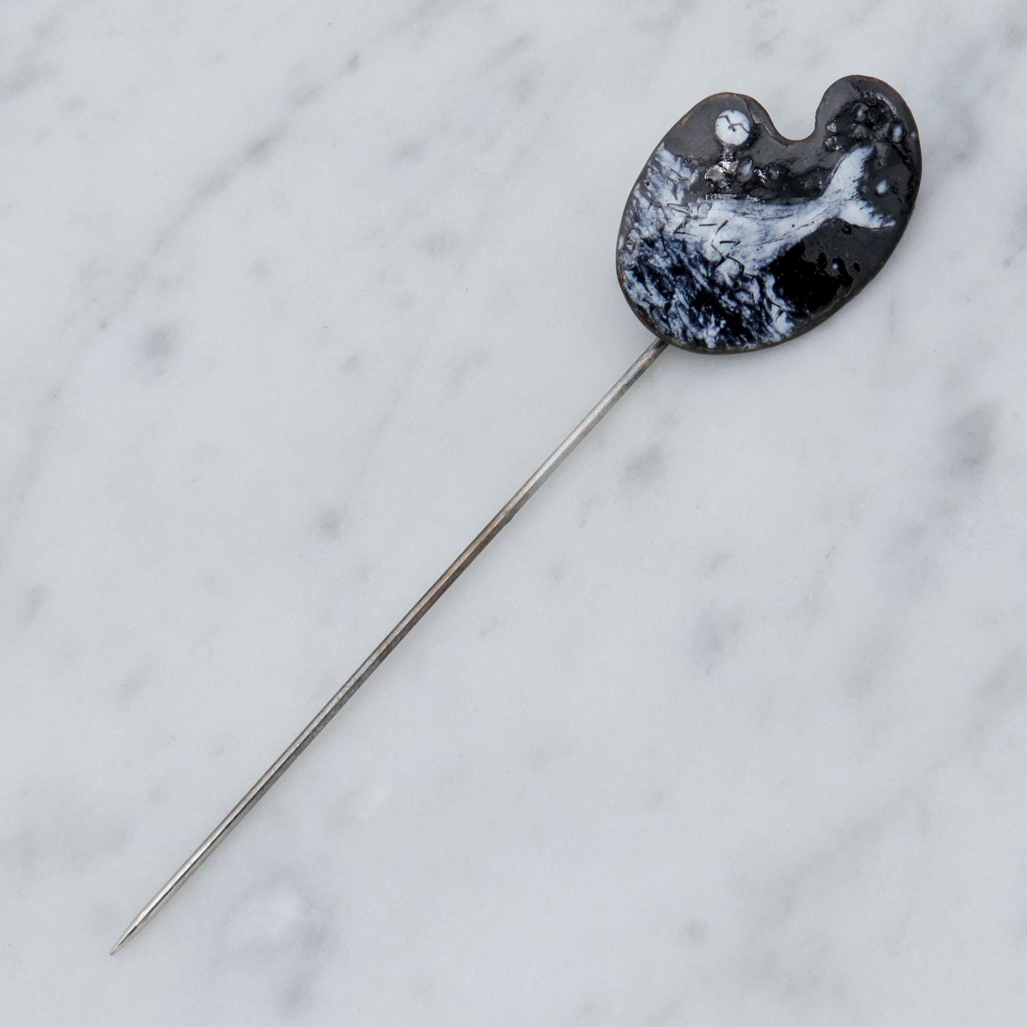 Mid Century Modern hand enameled copper plaque stick pin