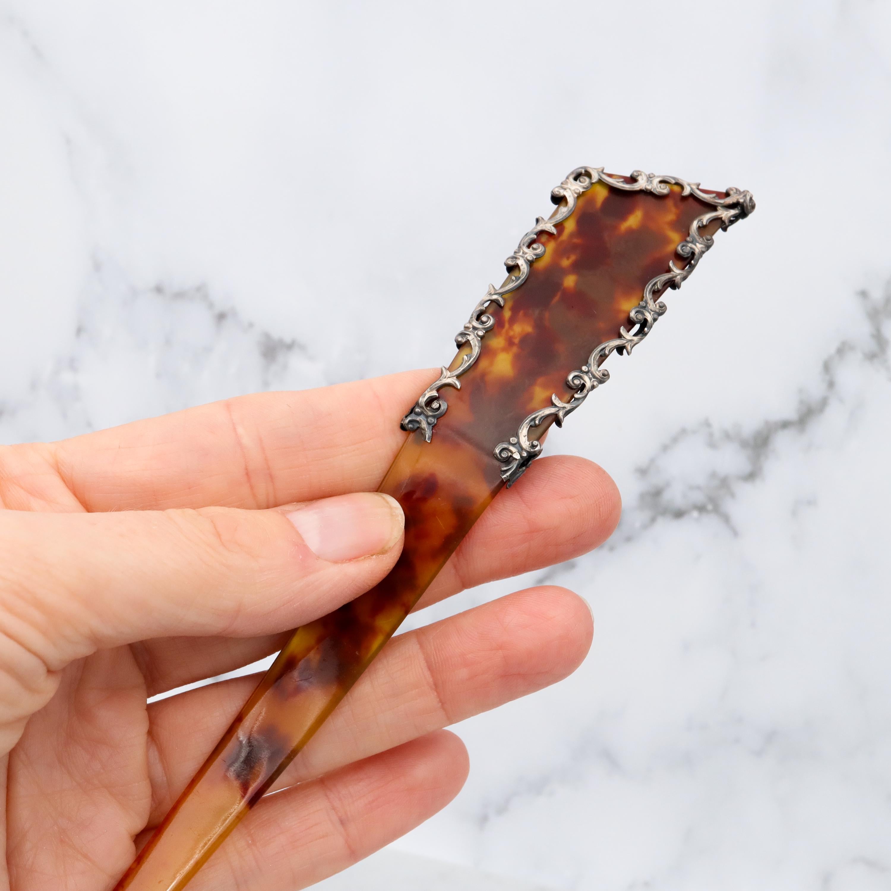 Antique Victorian faux tortoiseshell & sterling silver hair pin/comb