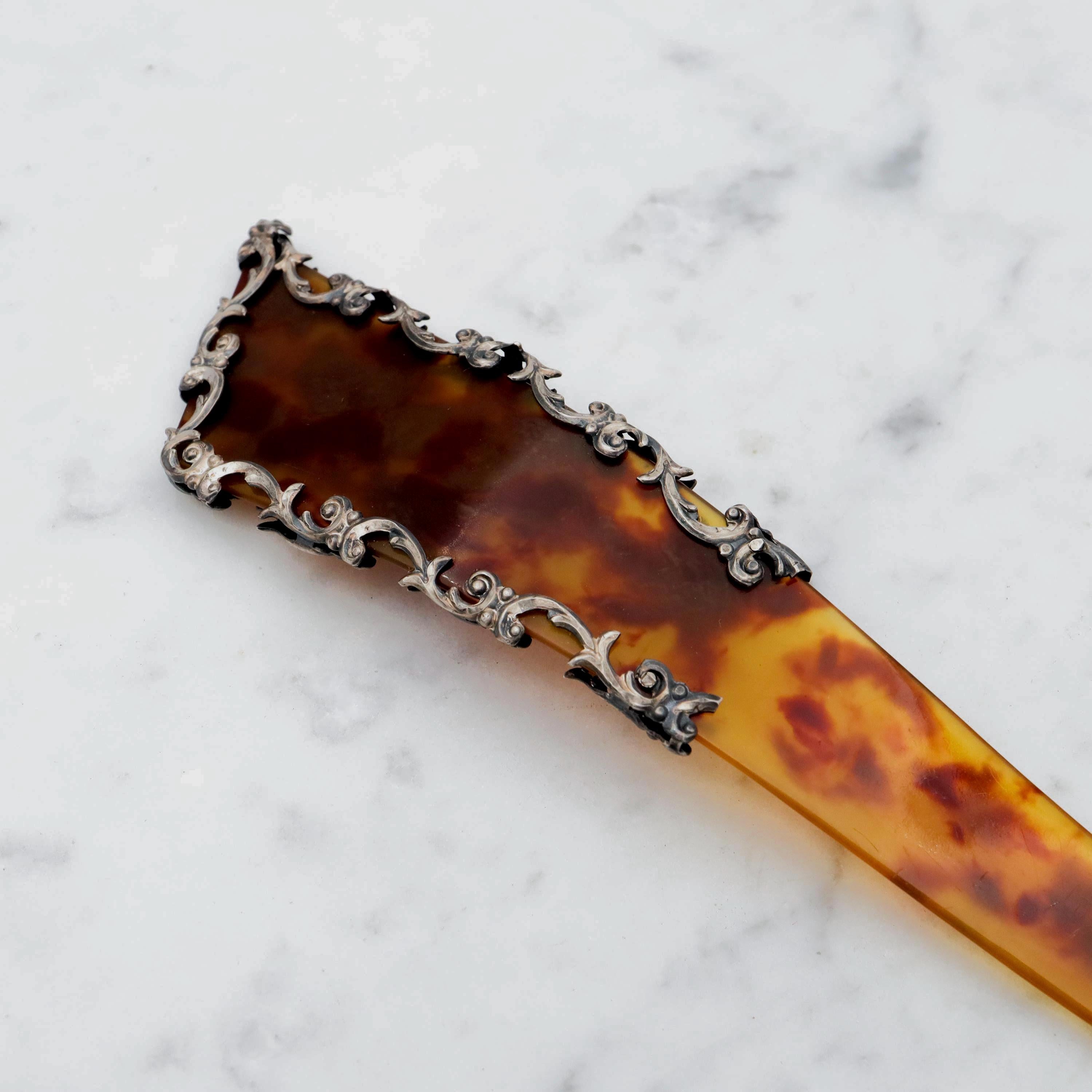 Antique Victorian faux tortoiseshell & sterling silver hair pin/comb
