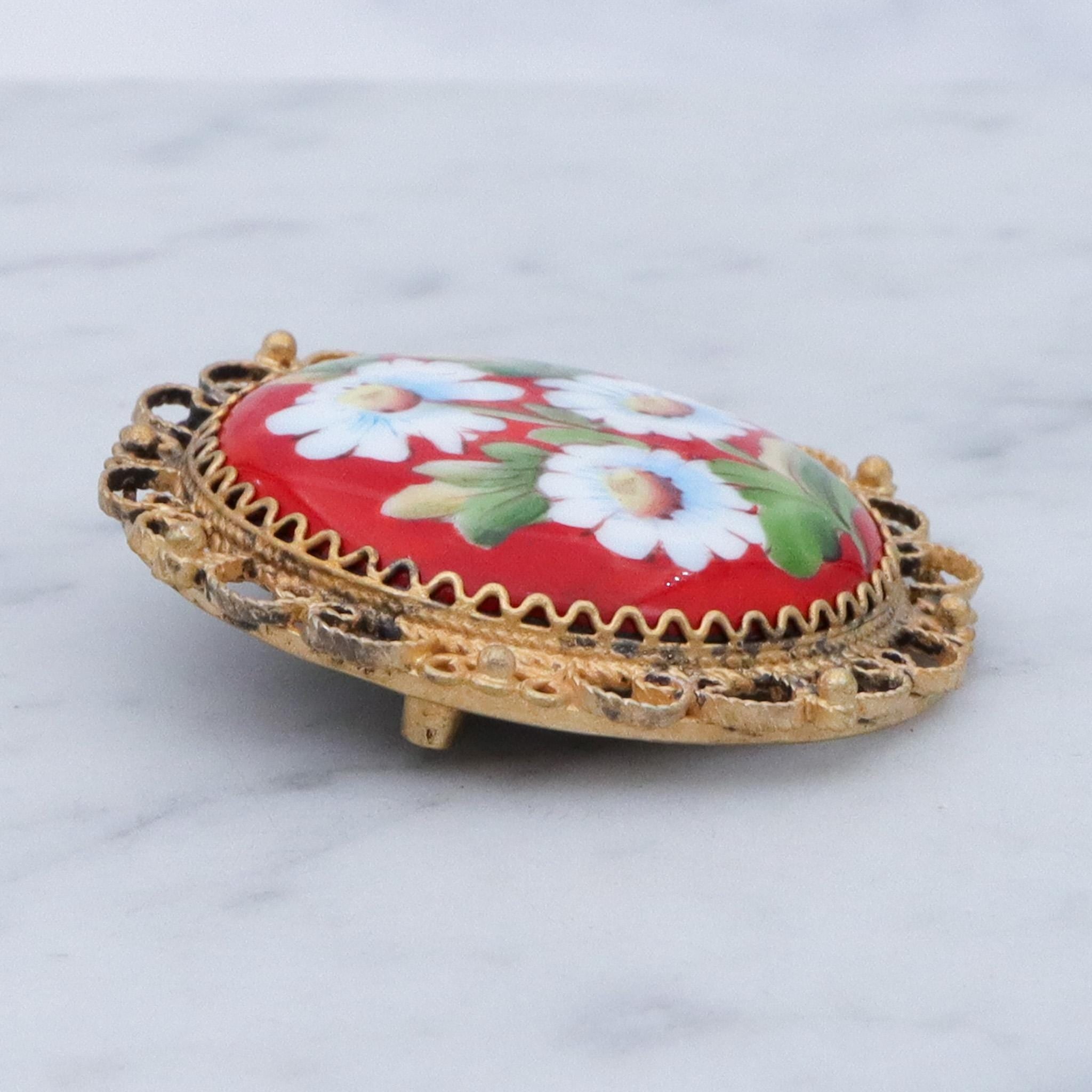 Antique hand painted flower enamel gilt metal brooch