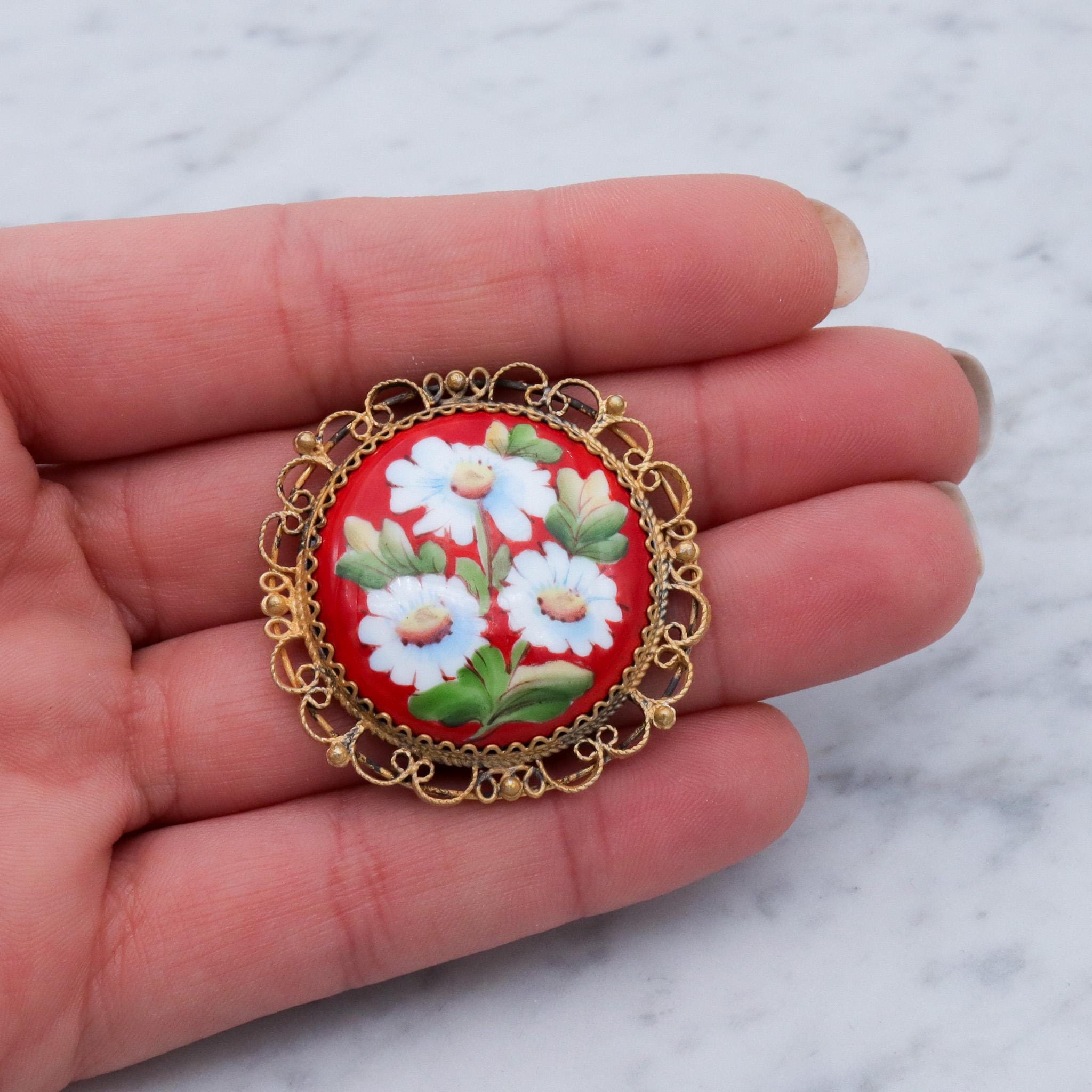 Antique hand painted flower enamel gilt metal brooch