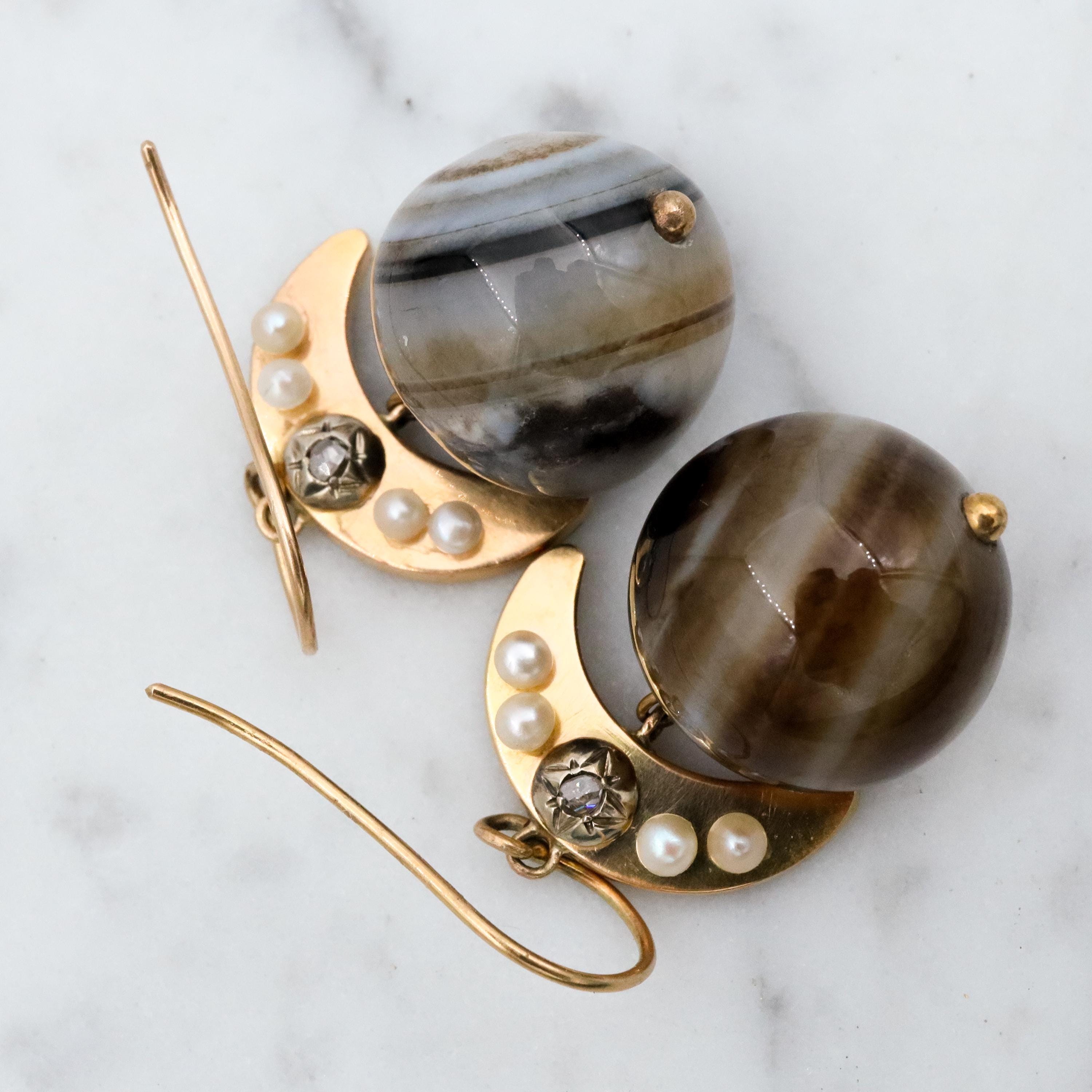 Antique Victorian 14k gold Scottish banded agate orb & rose cut diamond earrings