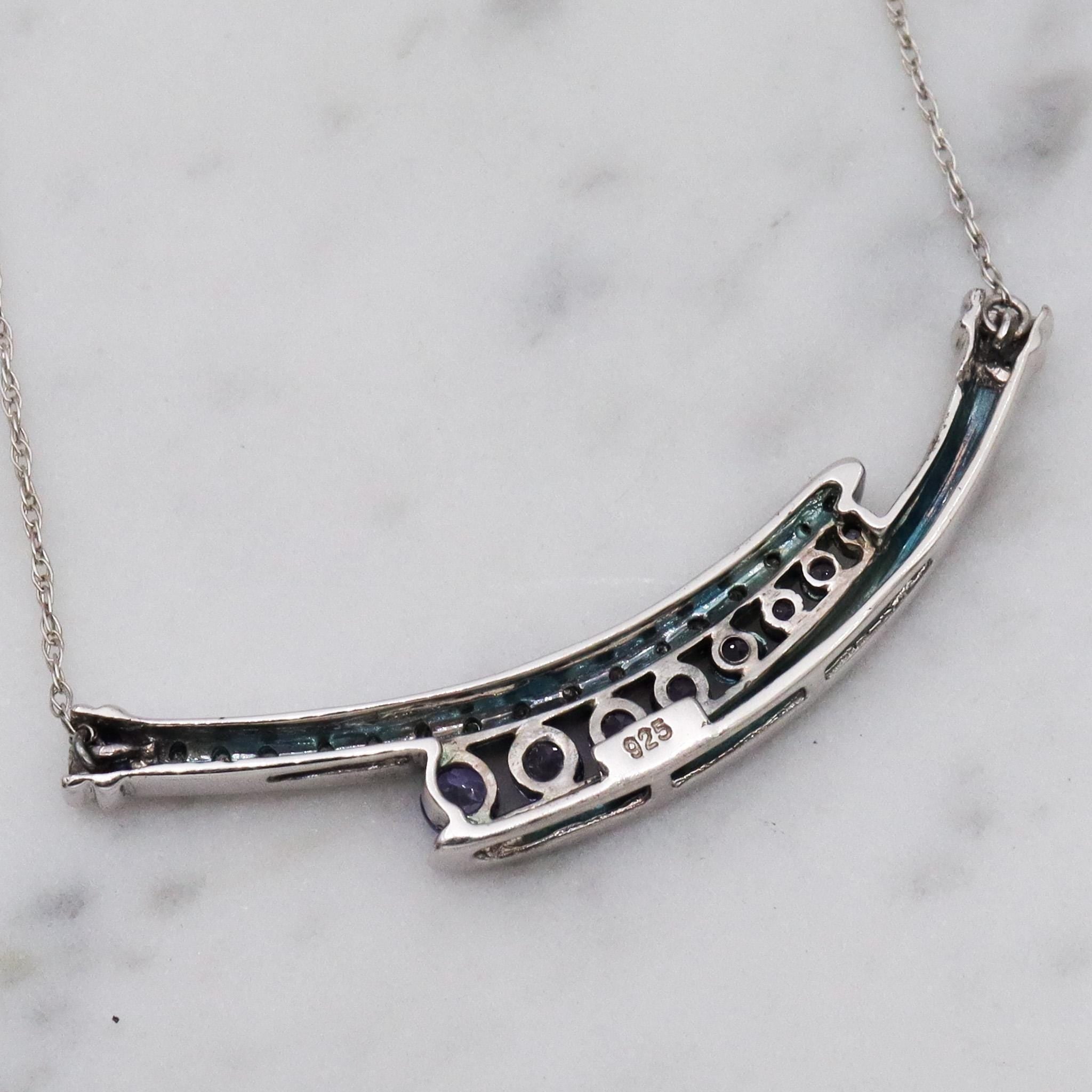 Retro sterling silver tanzanite & diamond pendant necklace