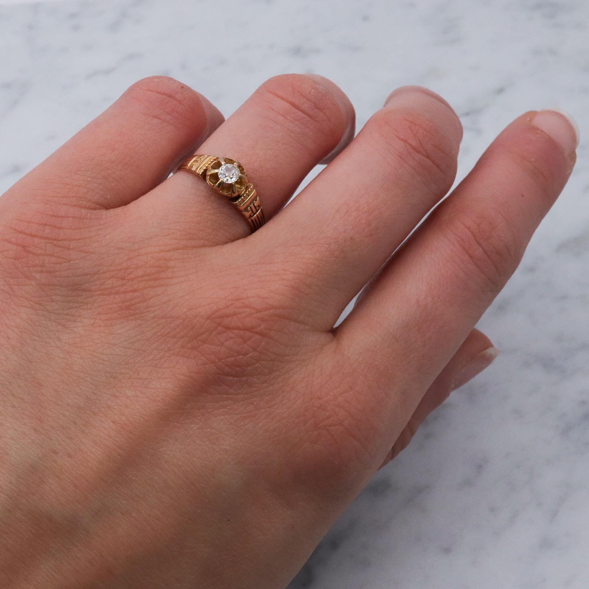 Antique Victorian 18k gold old mine cut diamond solitaire ring, sz. 6.75