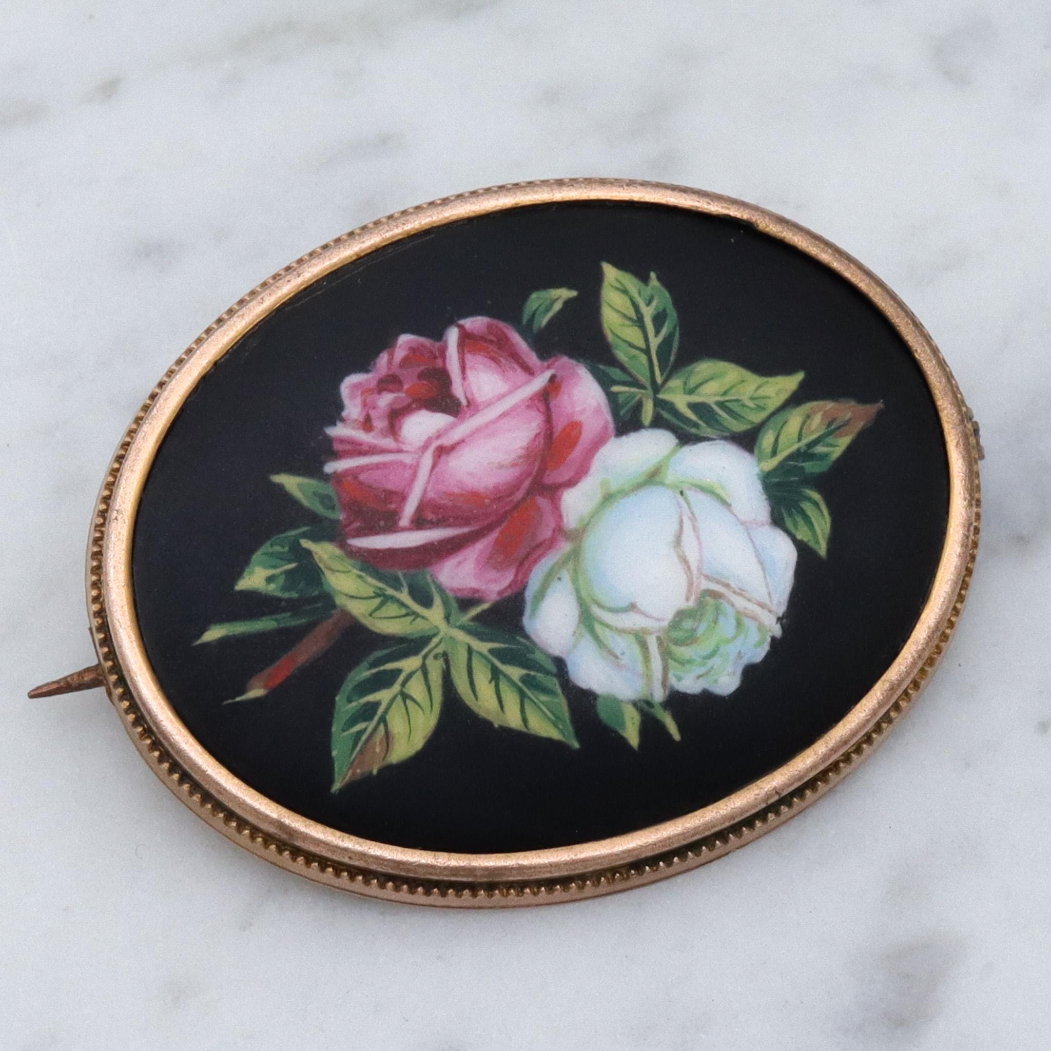 Antique Victorian hand painted roses porcelain pinchbeck brooch