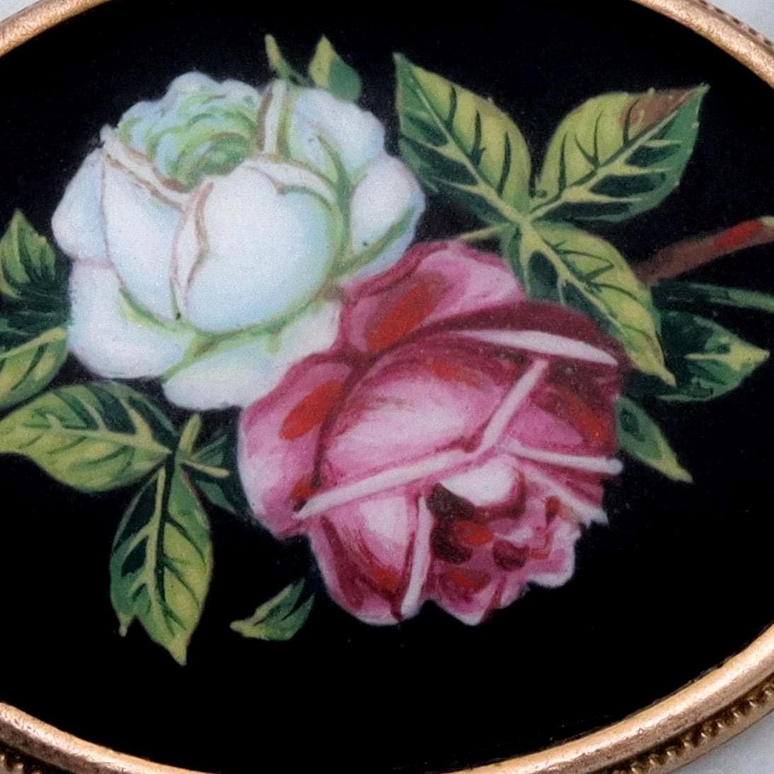 Antique Victorian hand painted roses porcelain pinchbeck brooch