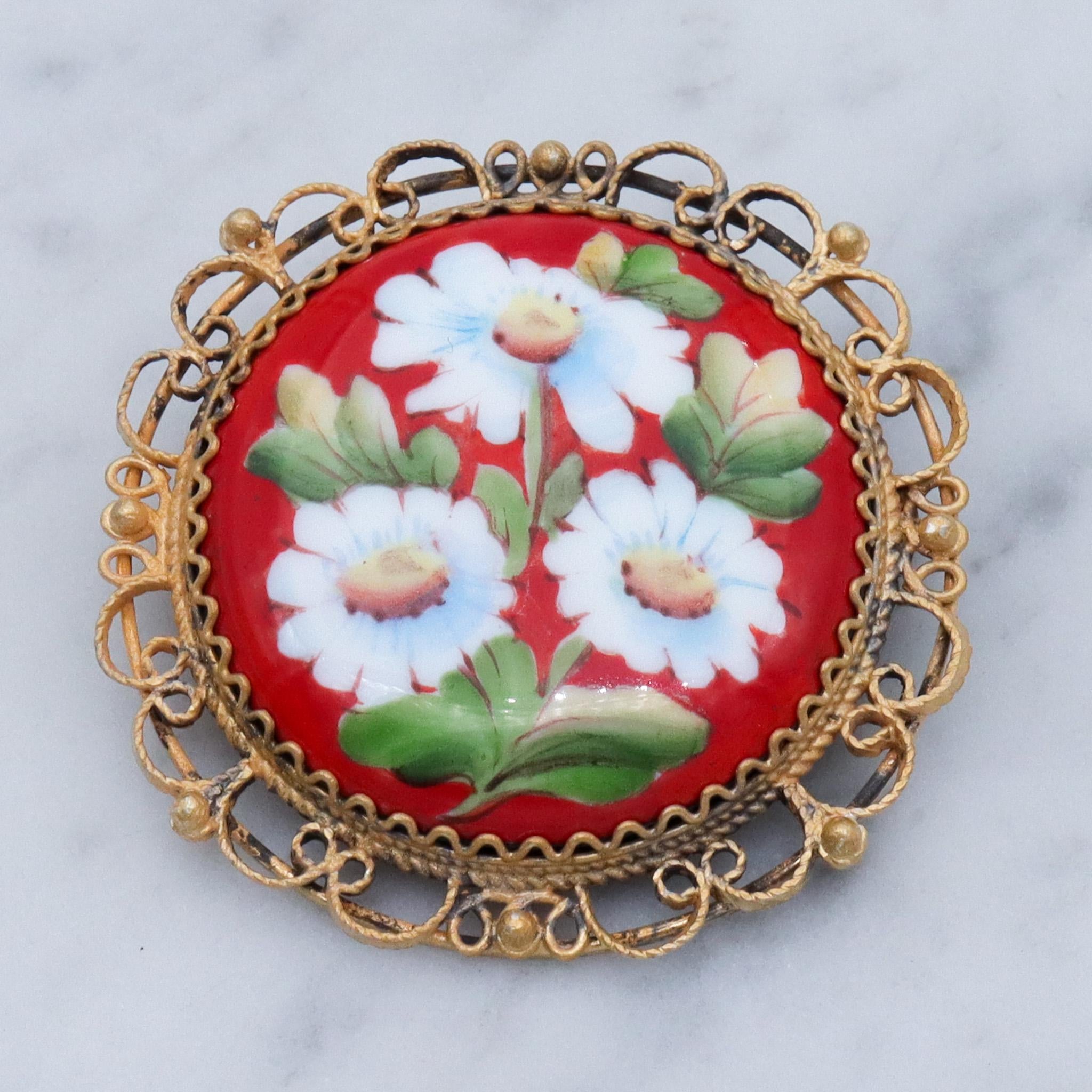 Antique hand painted flower enamel gilt metal brooch