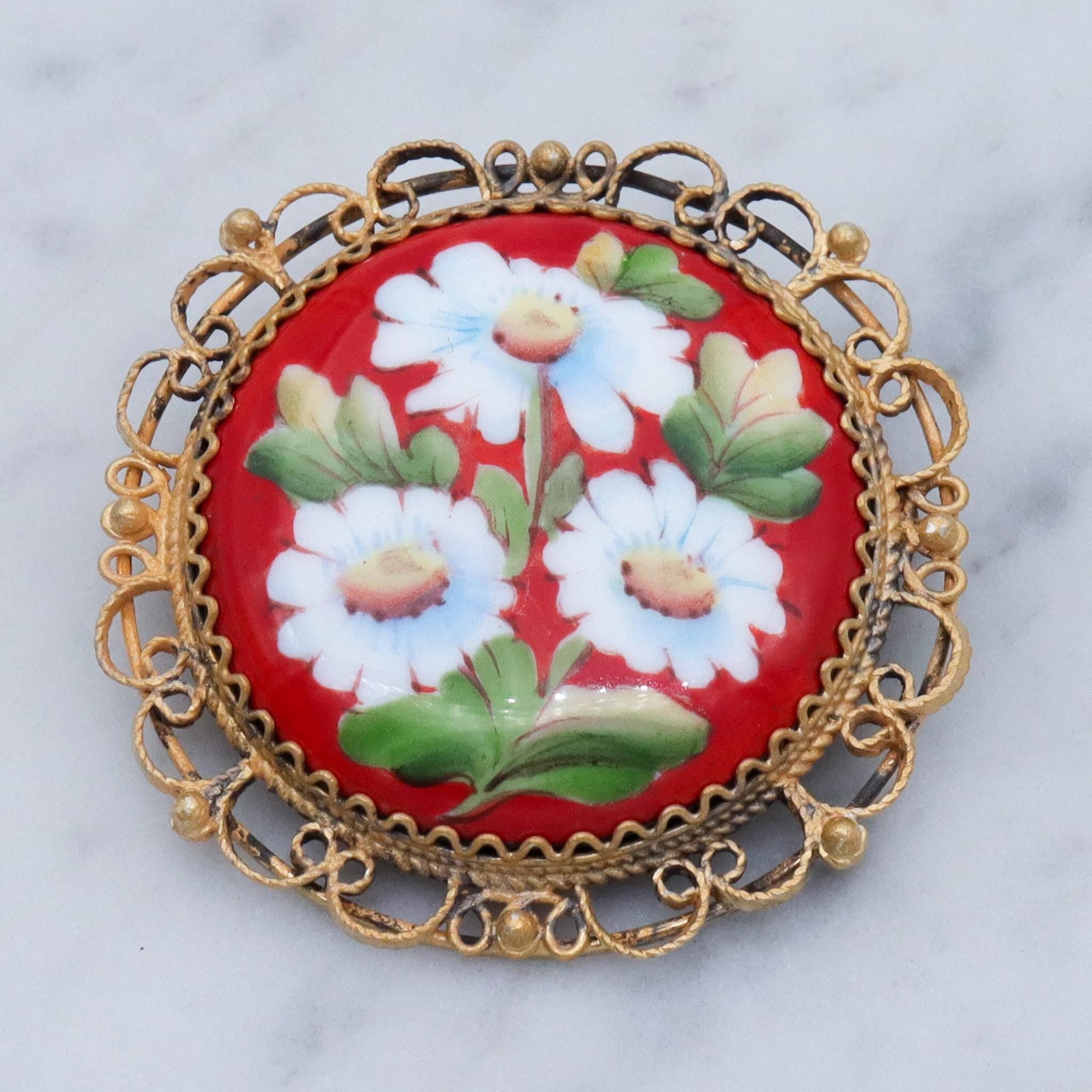 Antique hand painted flower enamel gilt metal brooch