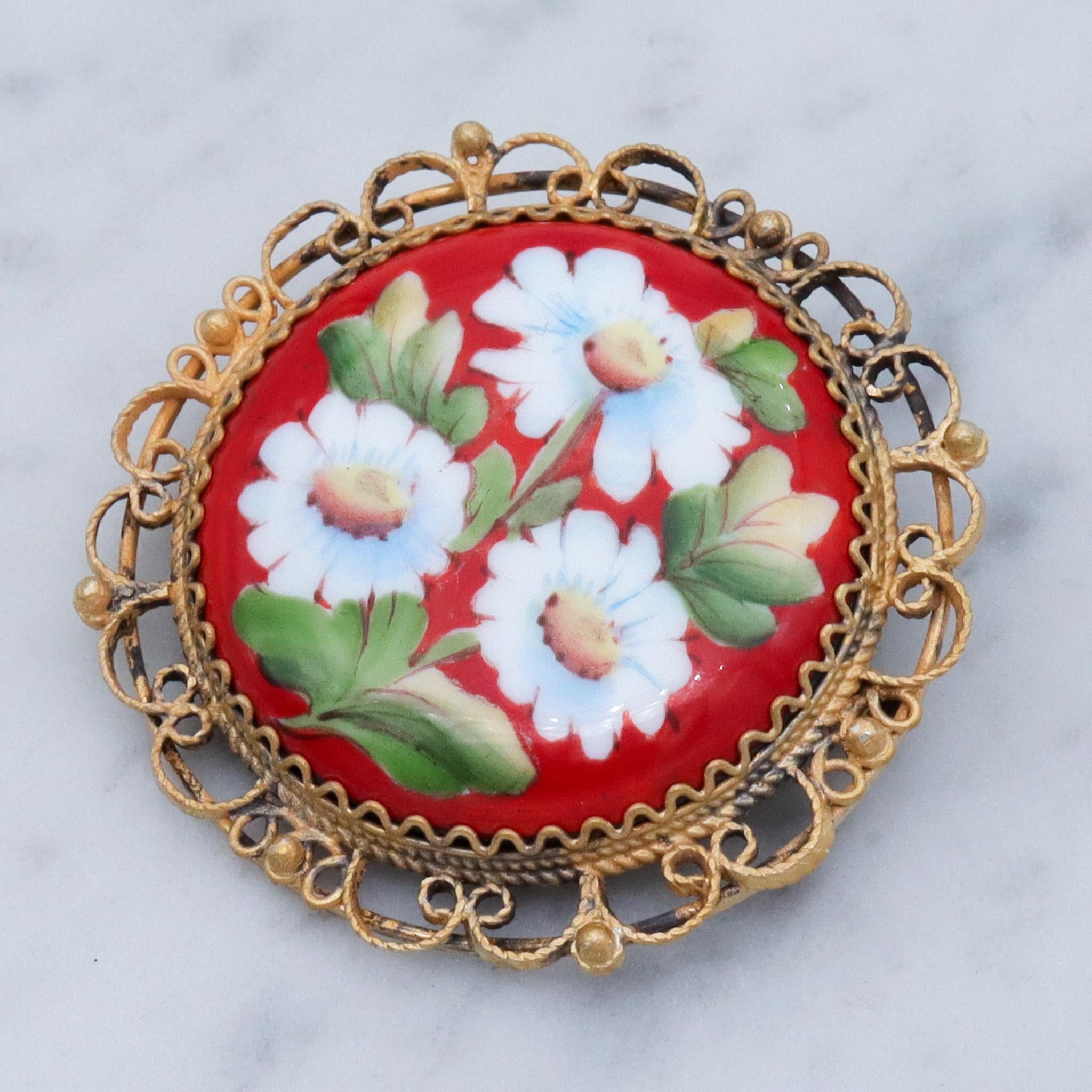 Antique hand painted flower enamel gilt metal brooch