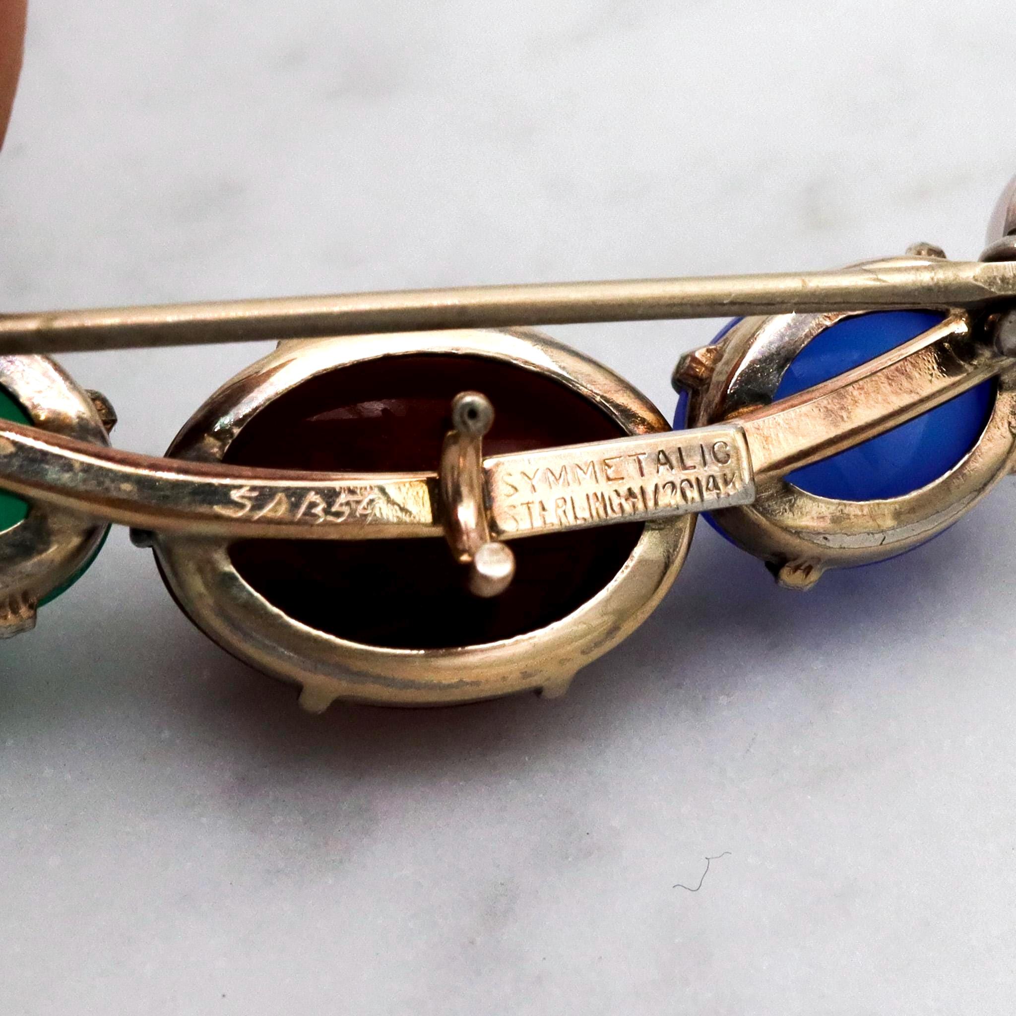 Mid Century Symmetalic sterling silver & gold filled carved scarab crescent moon brooch
