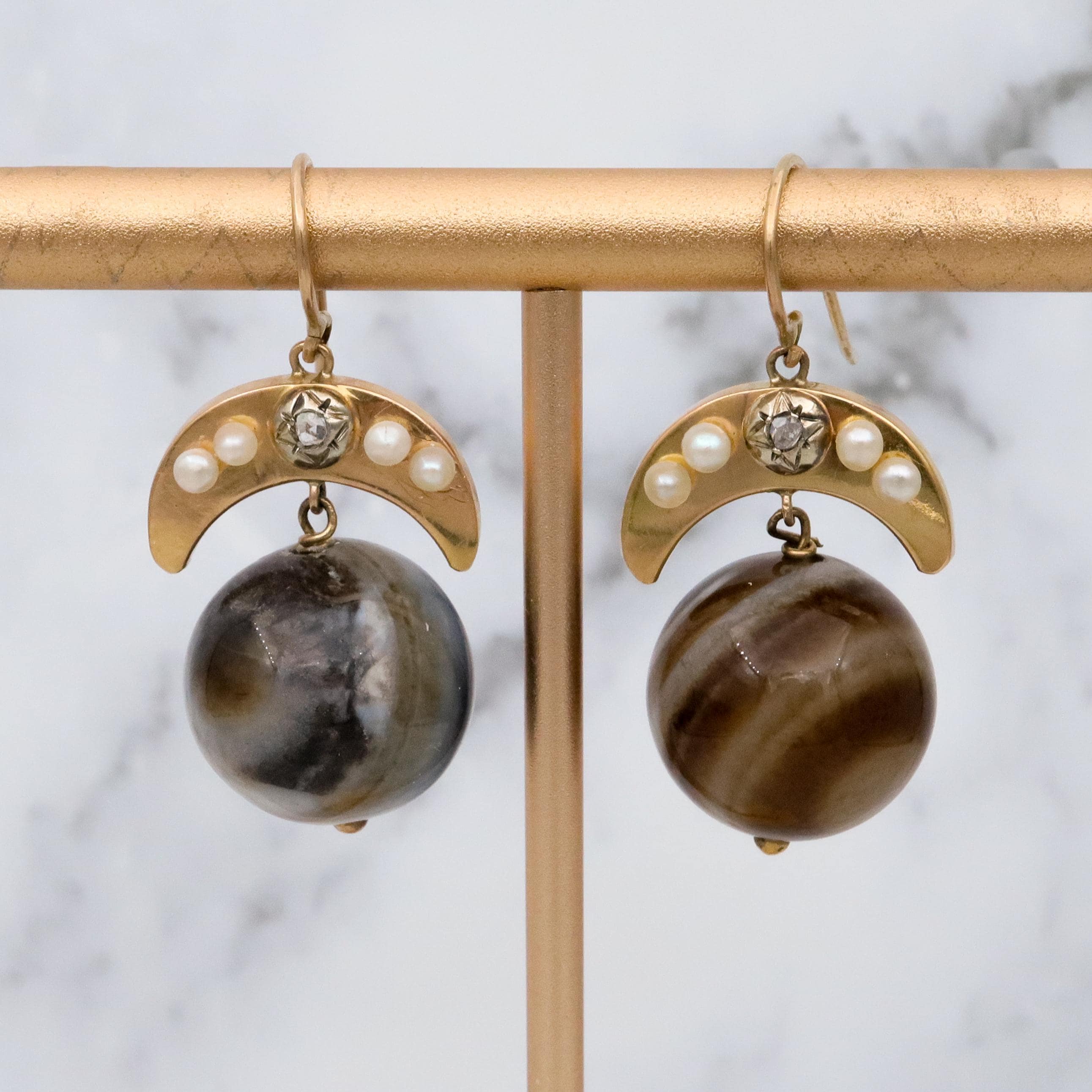 Antique Victorian 14k gold Scottish banded agate orb & rose cut diamond earrings