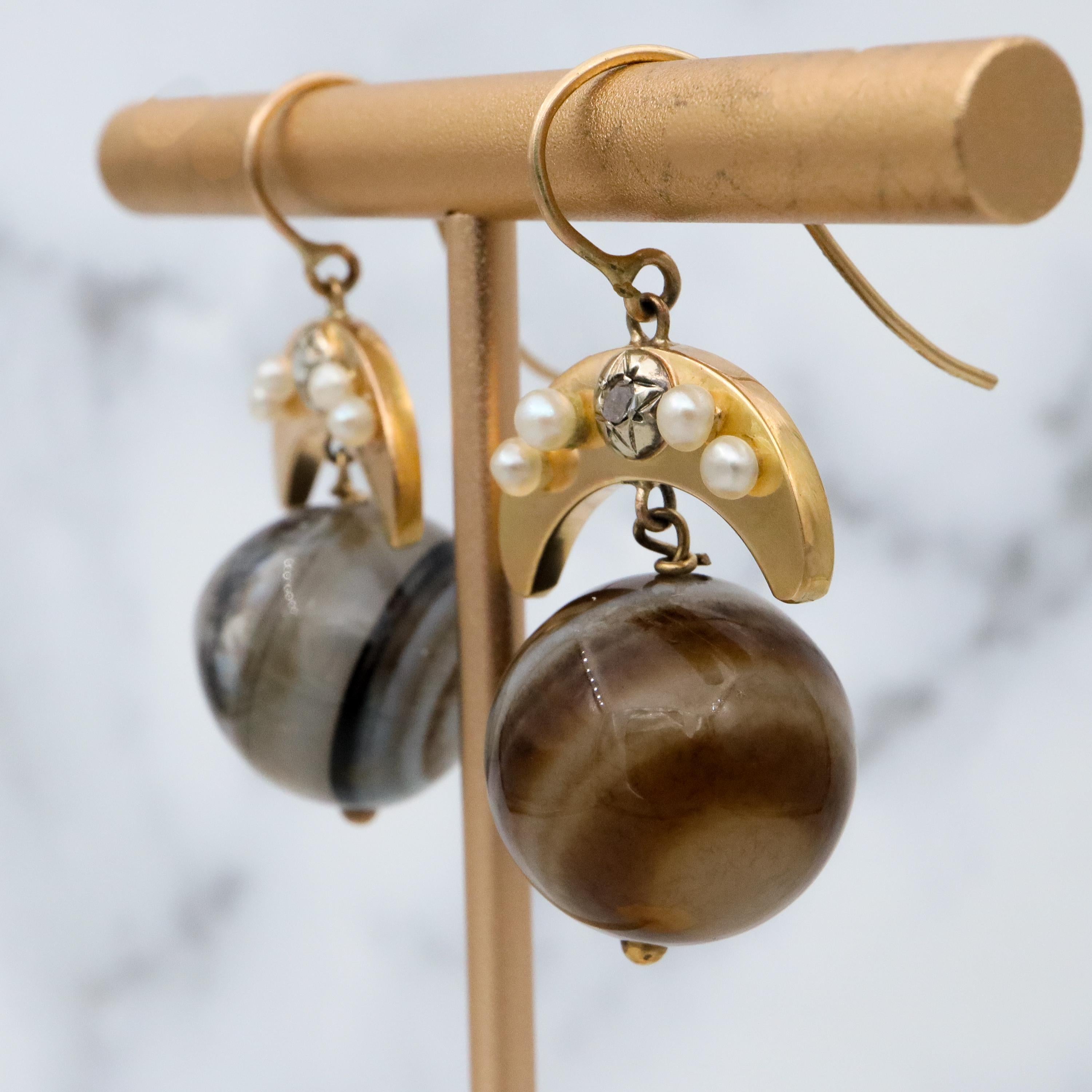Antique Victorian 14k gold Scottish banded agate orb & rose cut diamond earrings