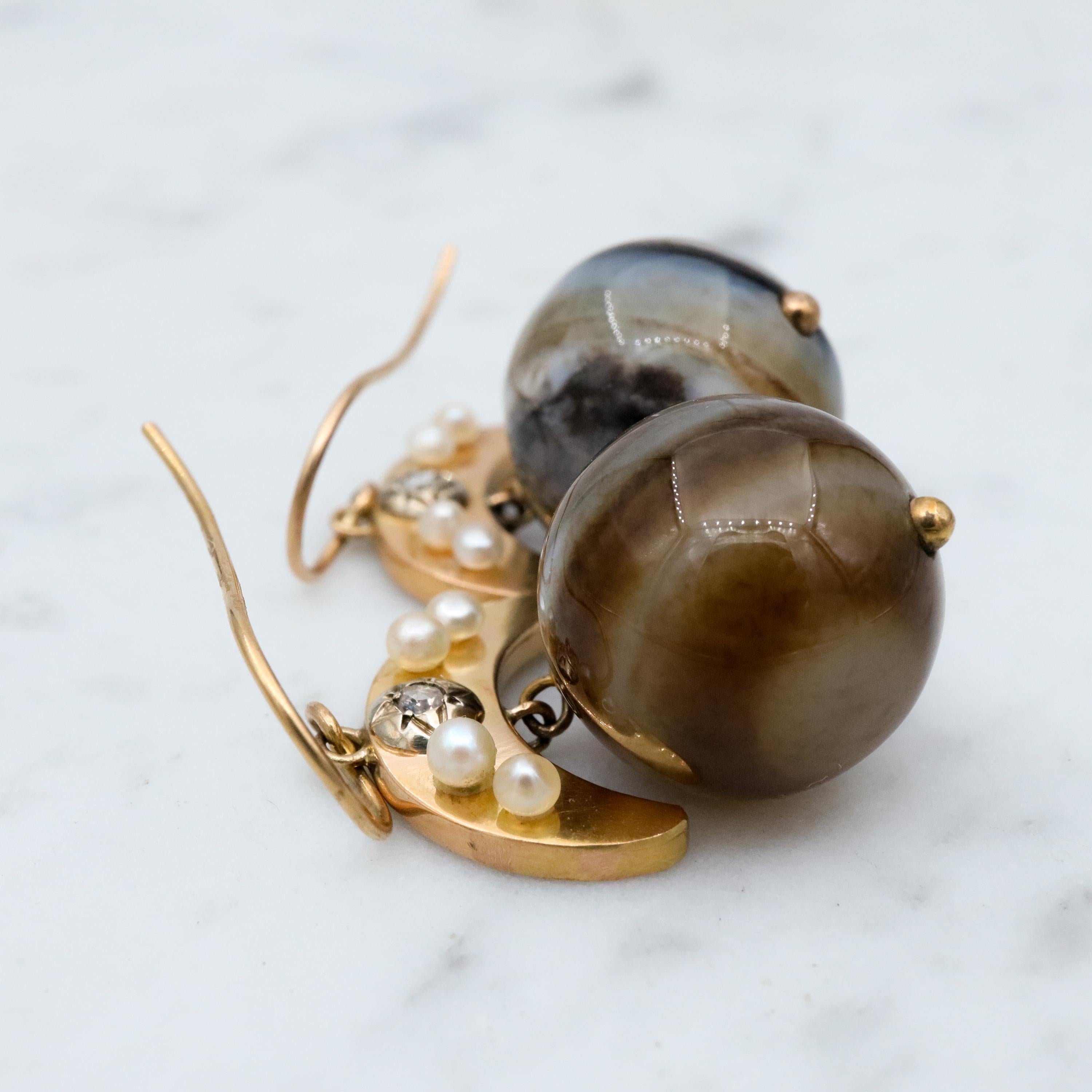 Antique Victorian 14k gold Scottish banded agate orb & rose cut diamond earrings