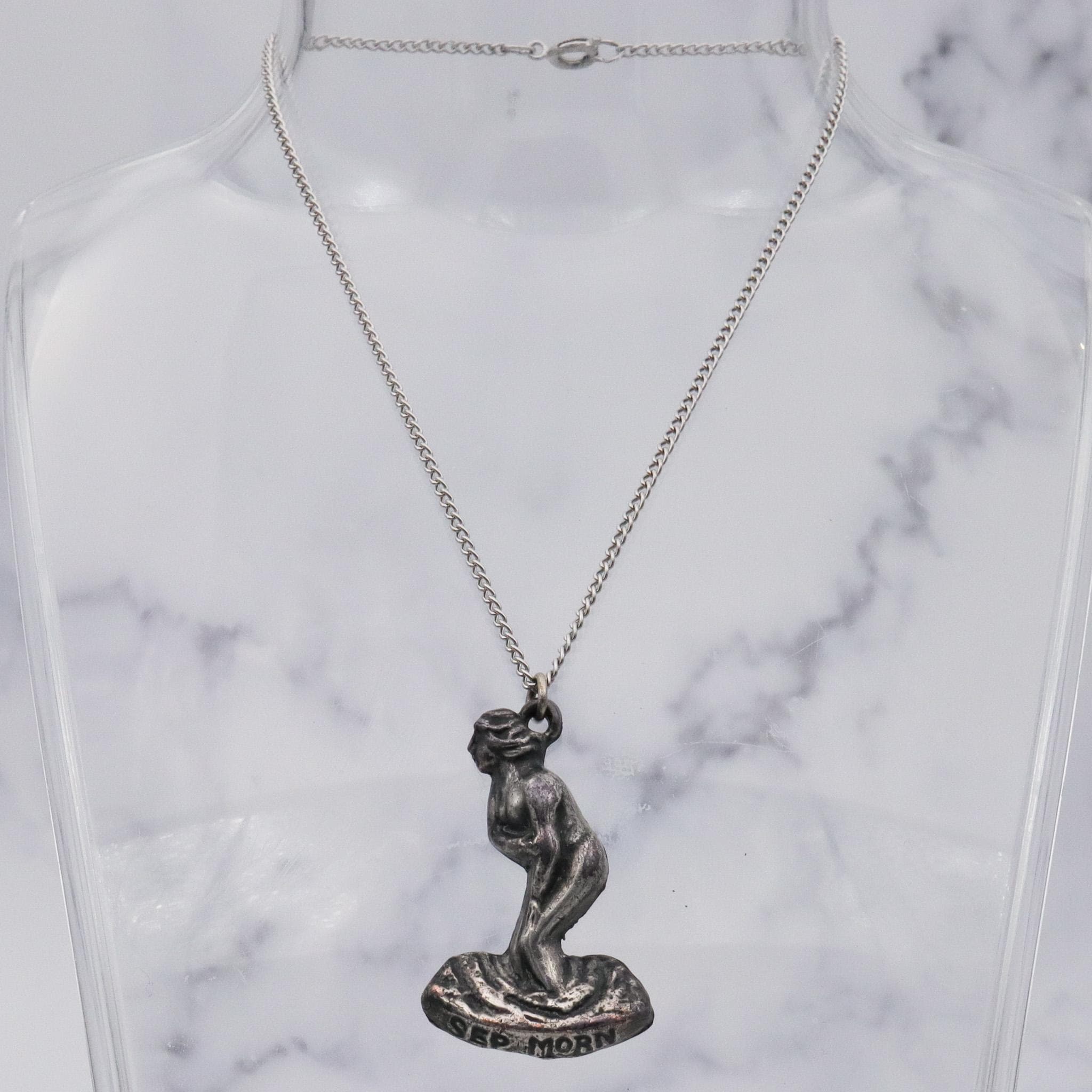 Rare Antique silver plated "September Mourn" statue charm pendant