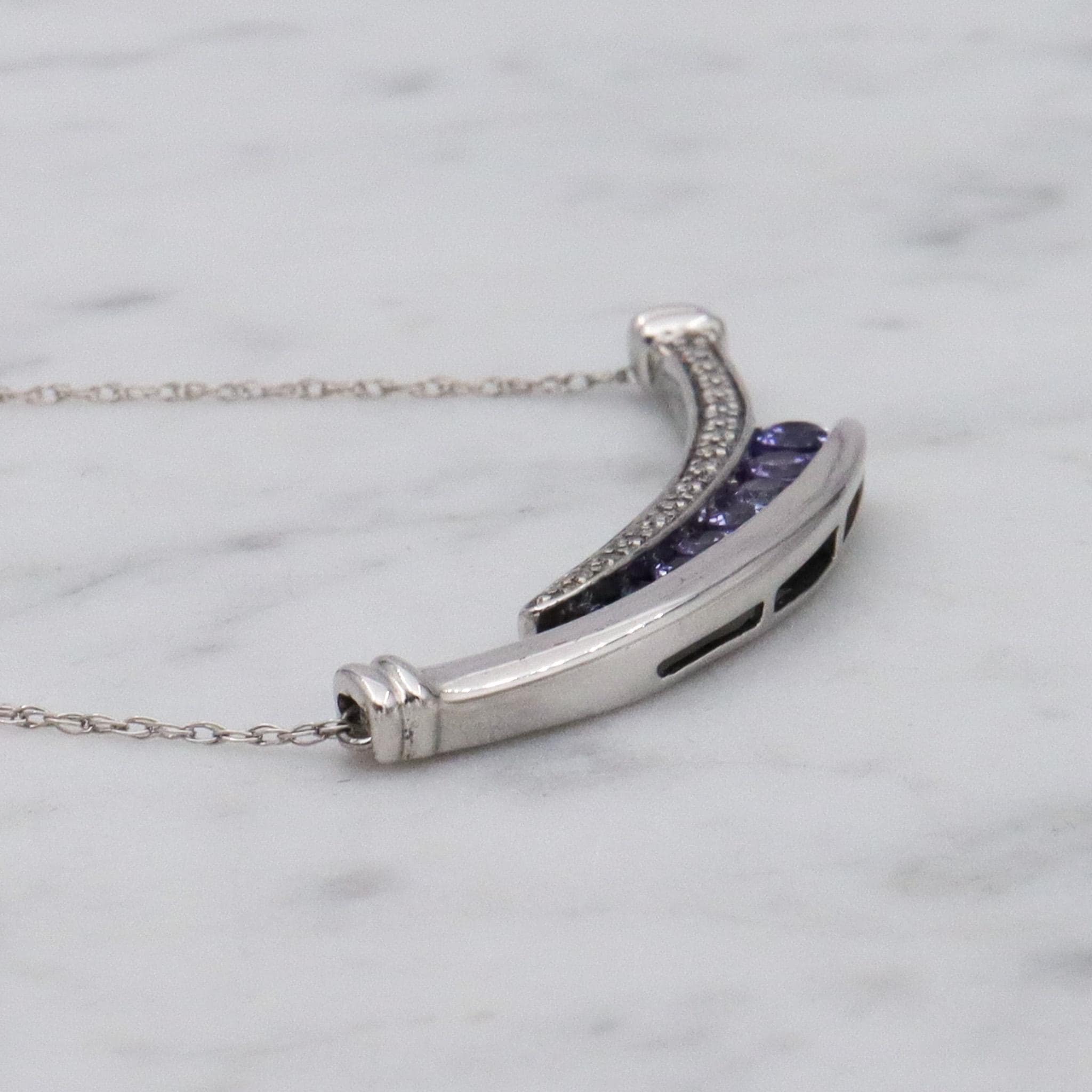 Retro sterling silver tanzanite & diamond pendant necklace