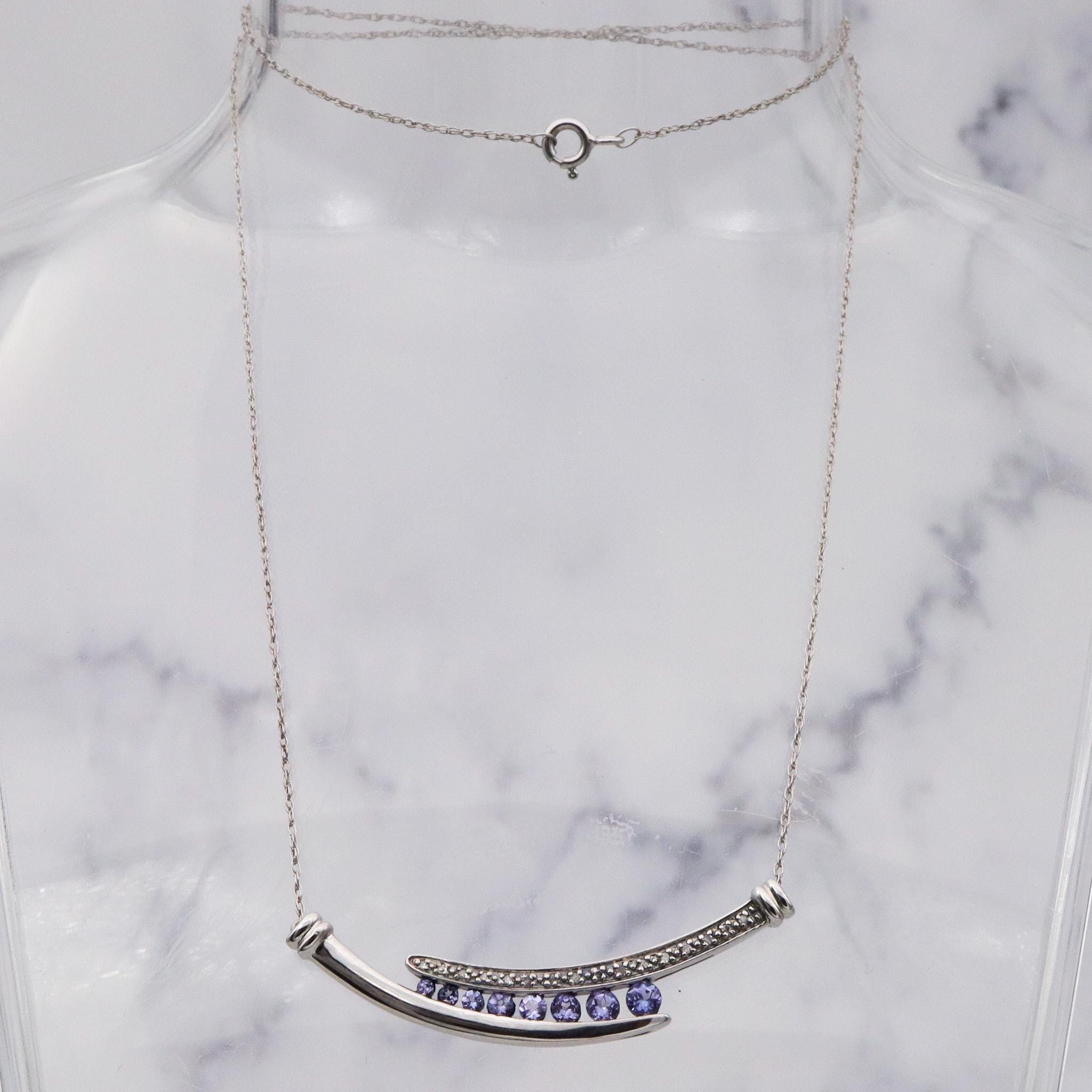 Retro sterling silver tanzanite & diamond pendant necklace
