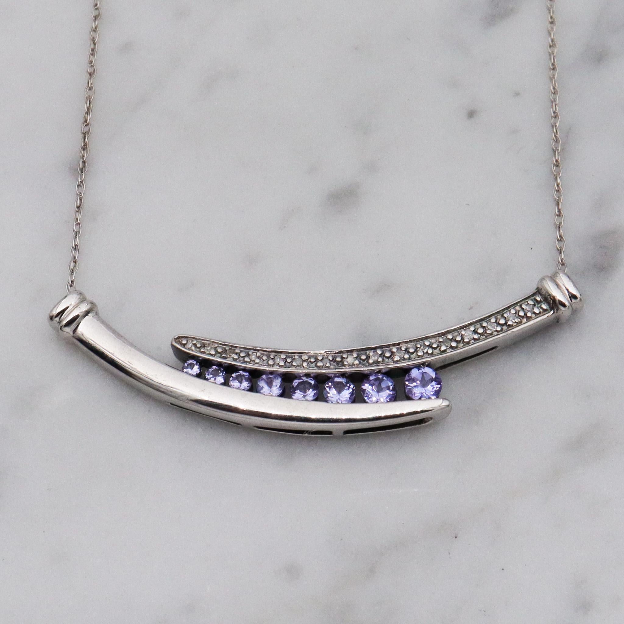 Retro sterling silver tanzanite & diamond pendant necklace