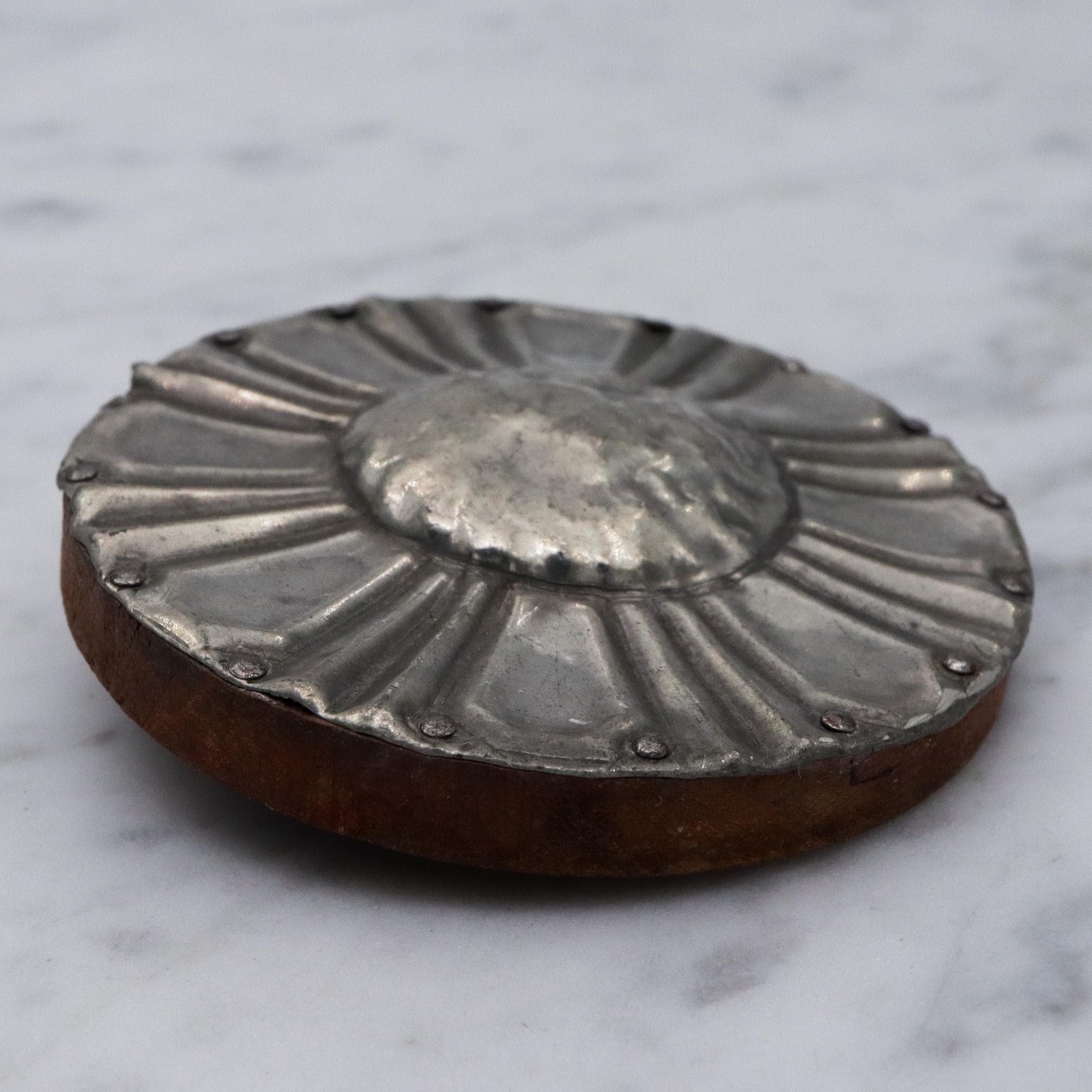 Antique Arts & Crafts period handmade pewter and wood flower brooch