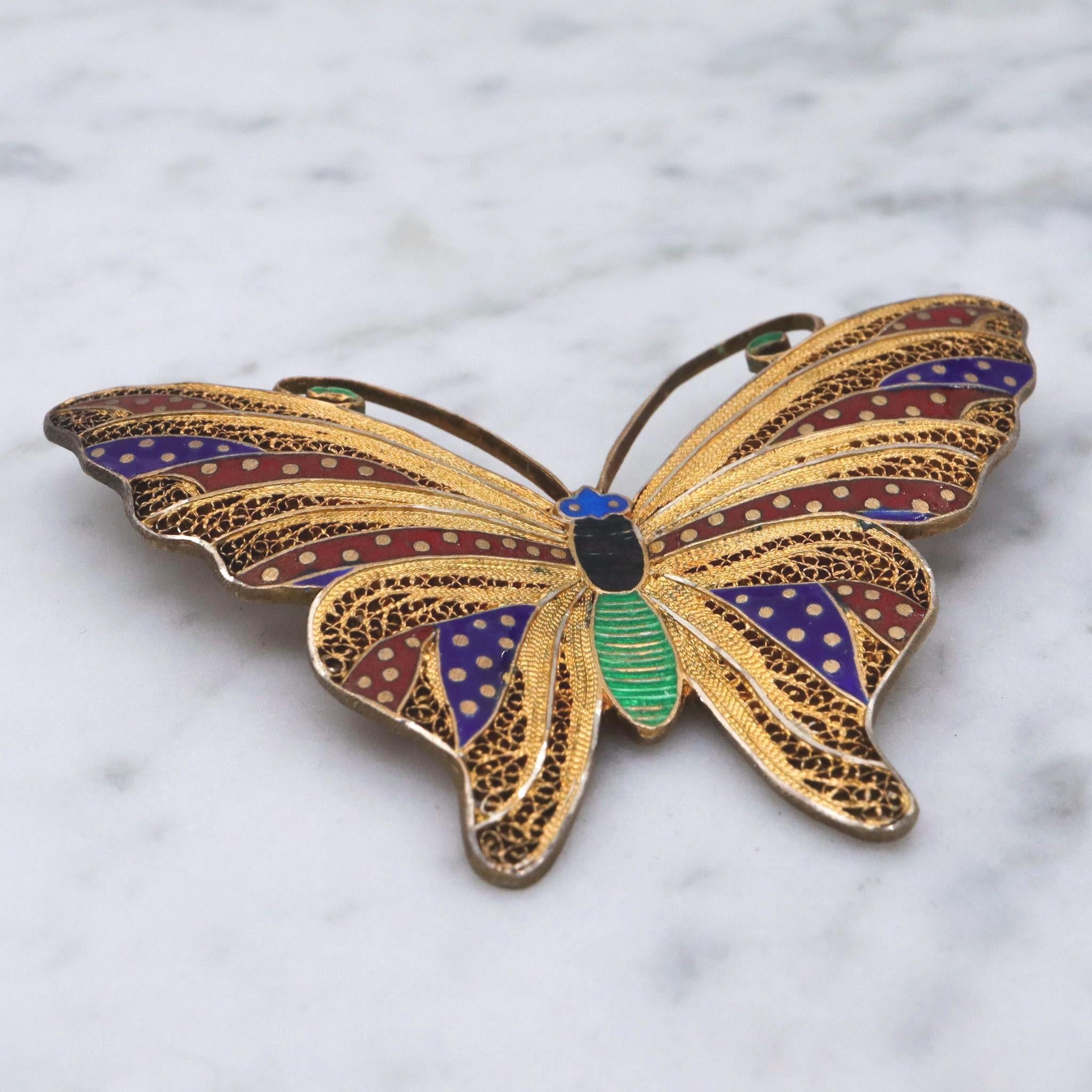 Vintage gilt sterling silver butterfly fine filigree enamel accents brooch