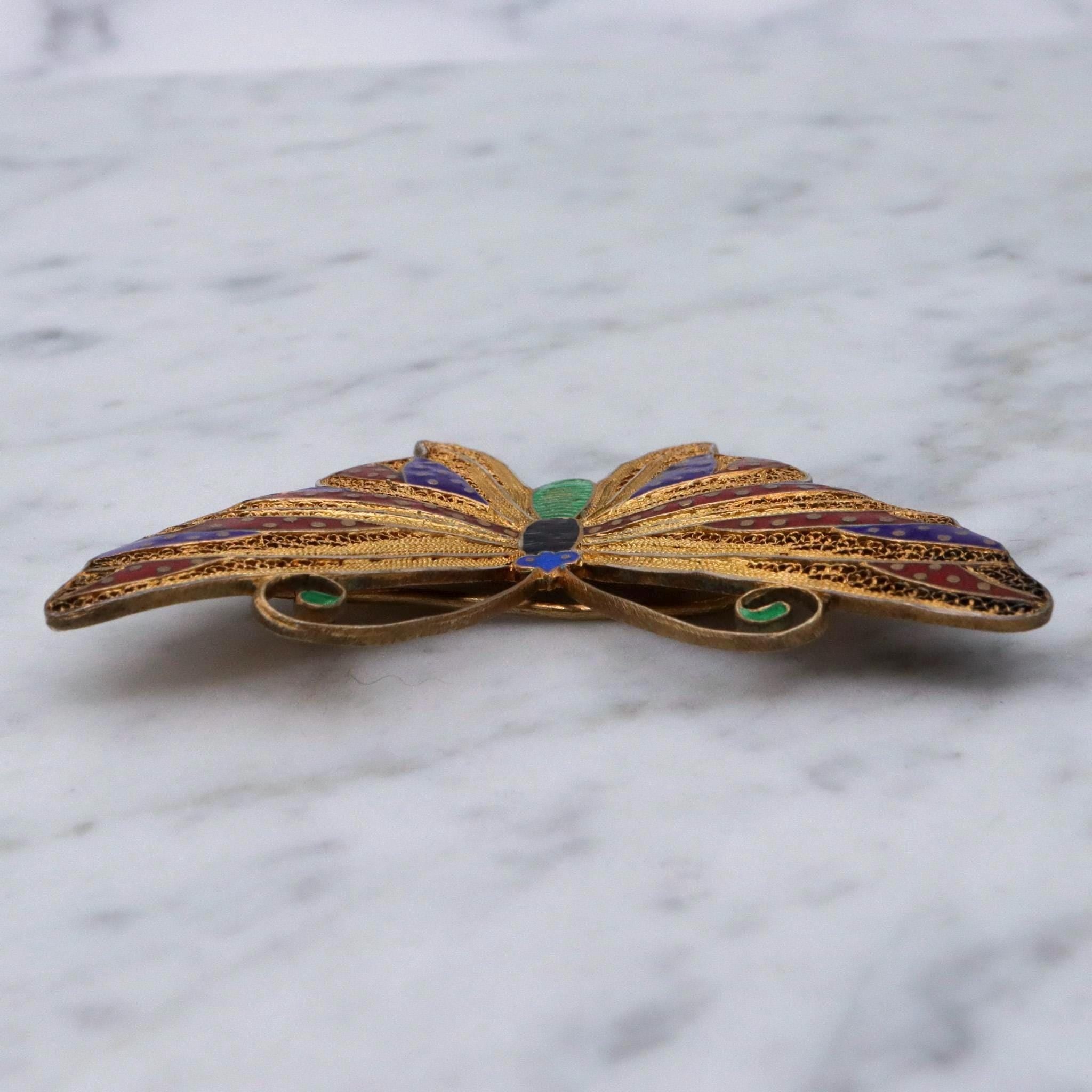 Vintage gilt sterling silver butterfly fine filigree enamel accents brooch