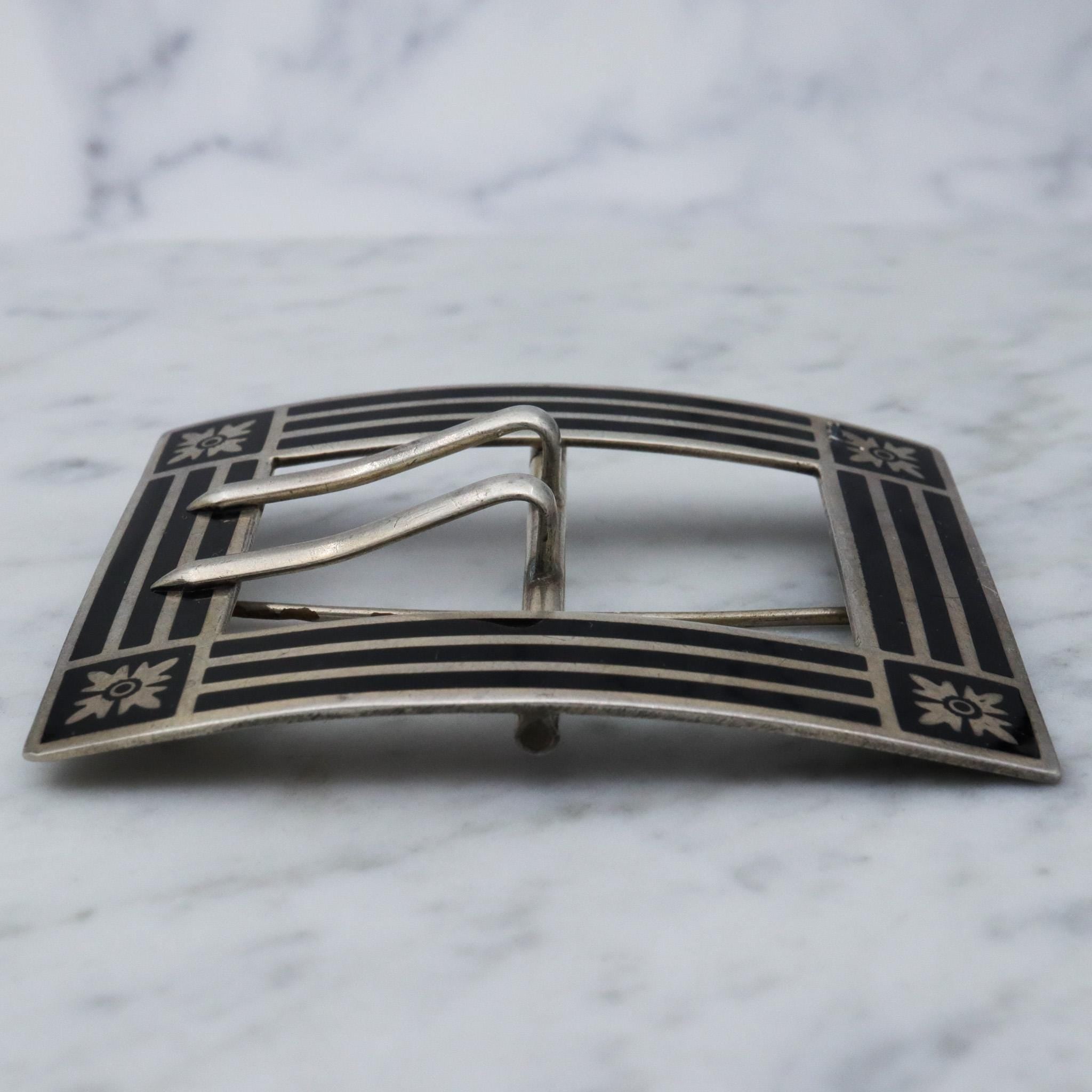 Antique Edwardian sterling silver and black enamel buckle brooch
