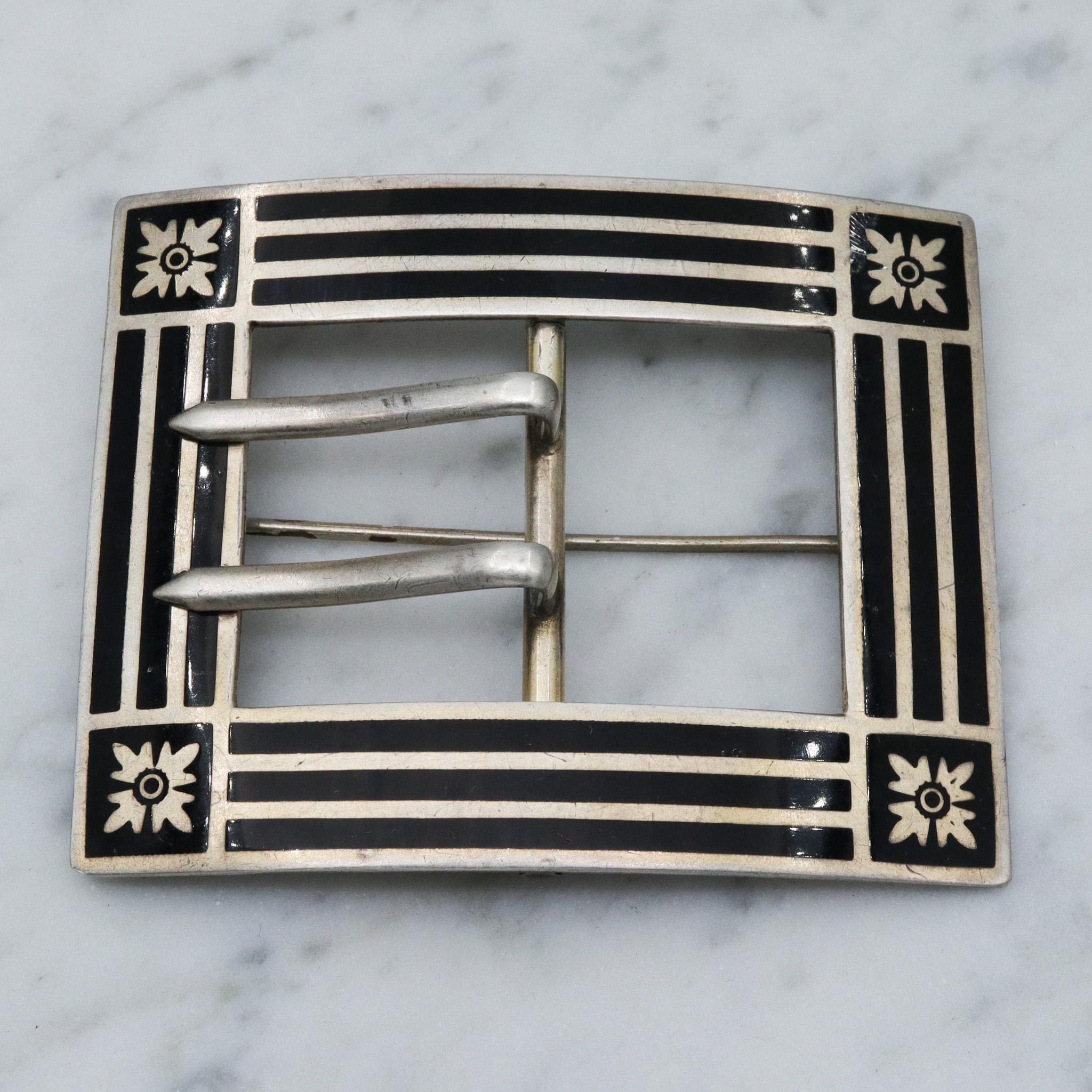 Antique Edwardian sterling silver and black enamel buckle brooch