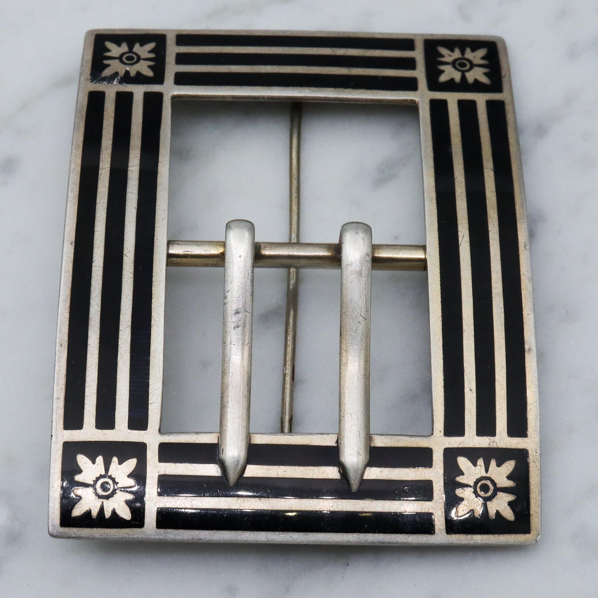 Antique Edwardian sterling silver and black enamel buckle brooch