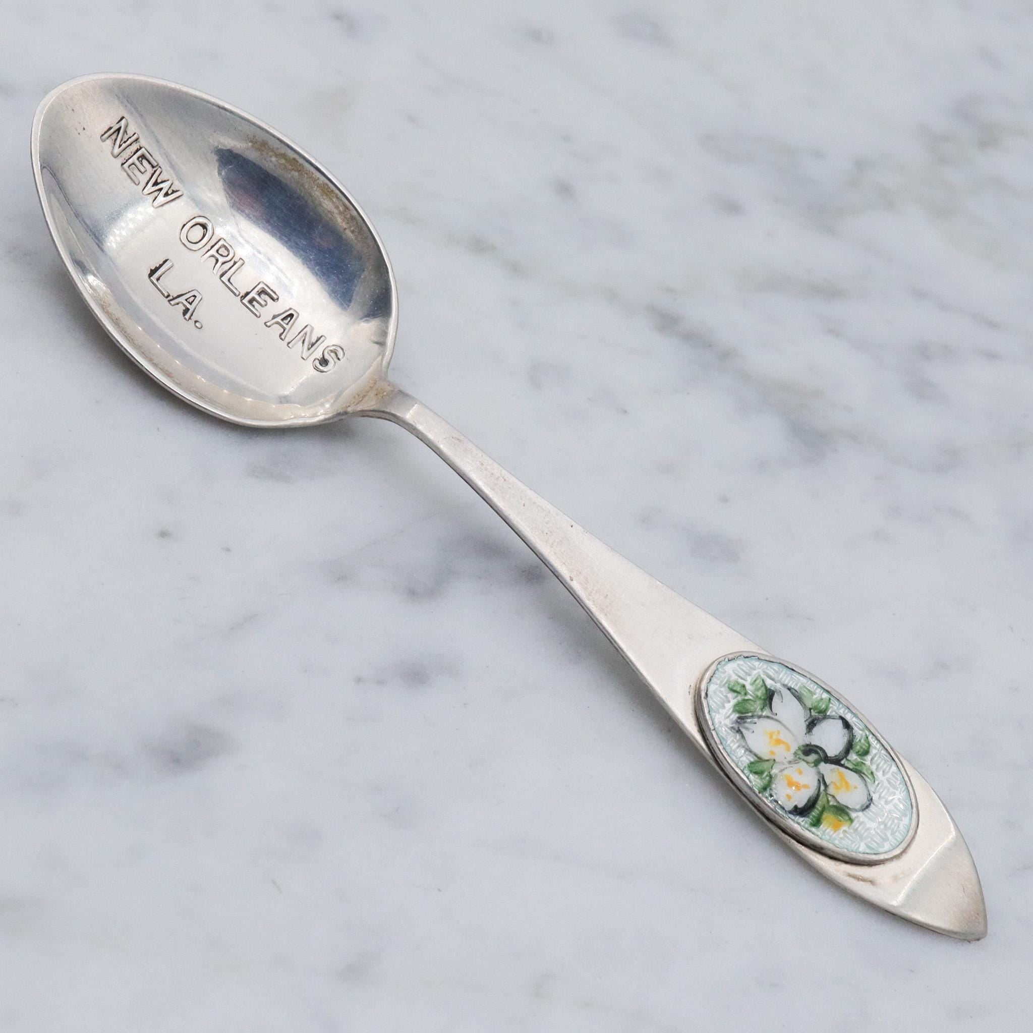 Antique sterling silver hand painted guilloche enamel flower new orleans souvenir spoon