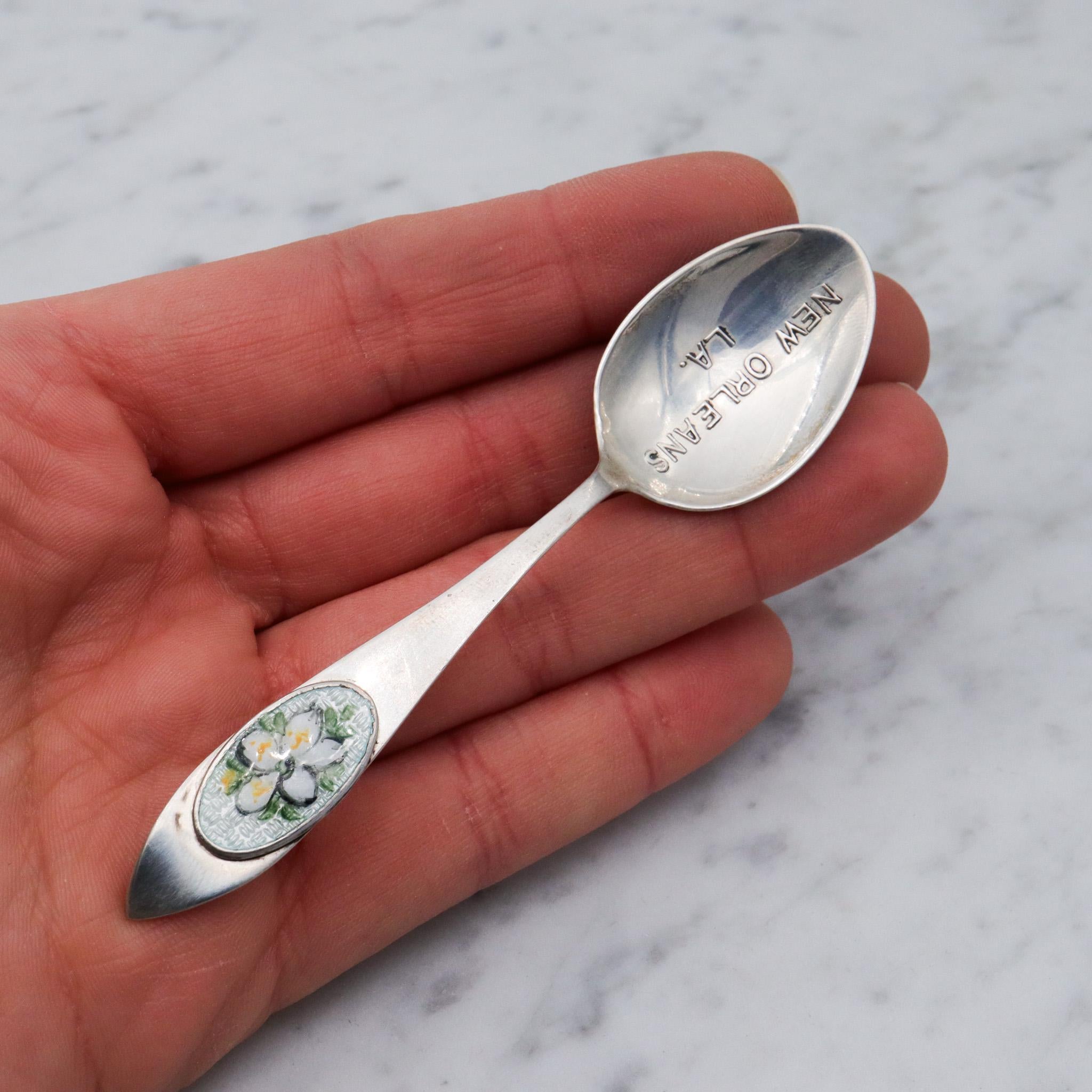 Antique sterling silver hand painted guilloche enamel flower new orleans souvenir spoon