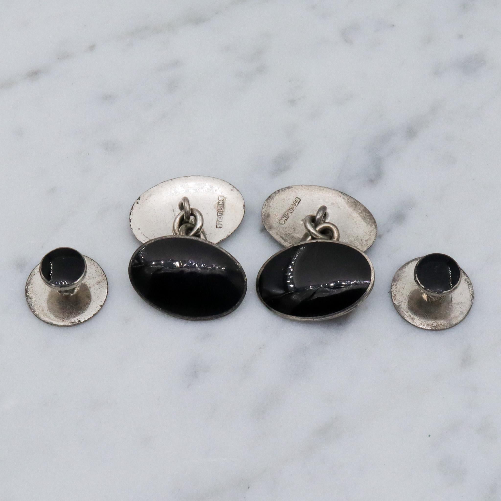 Vintage sterling silver enamel cuff links and button stud set