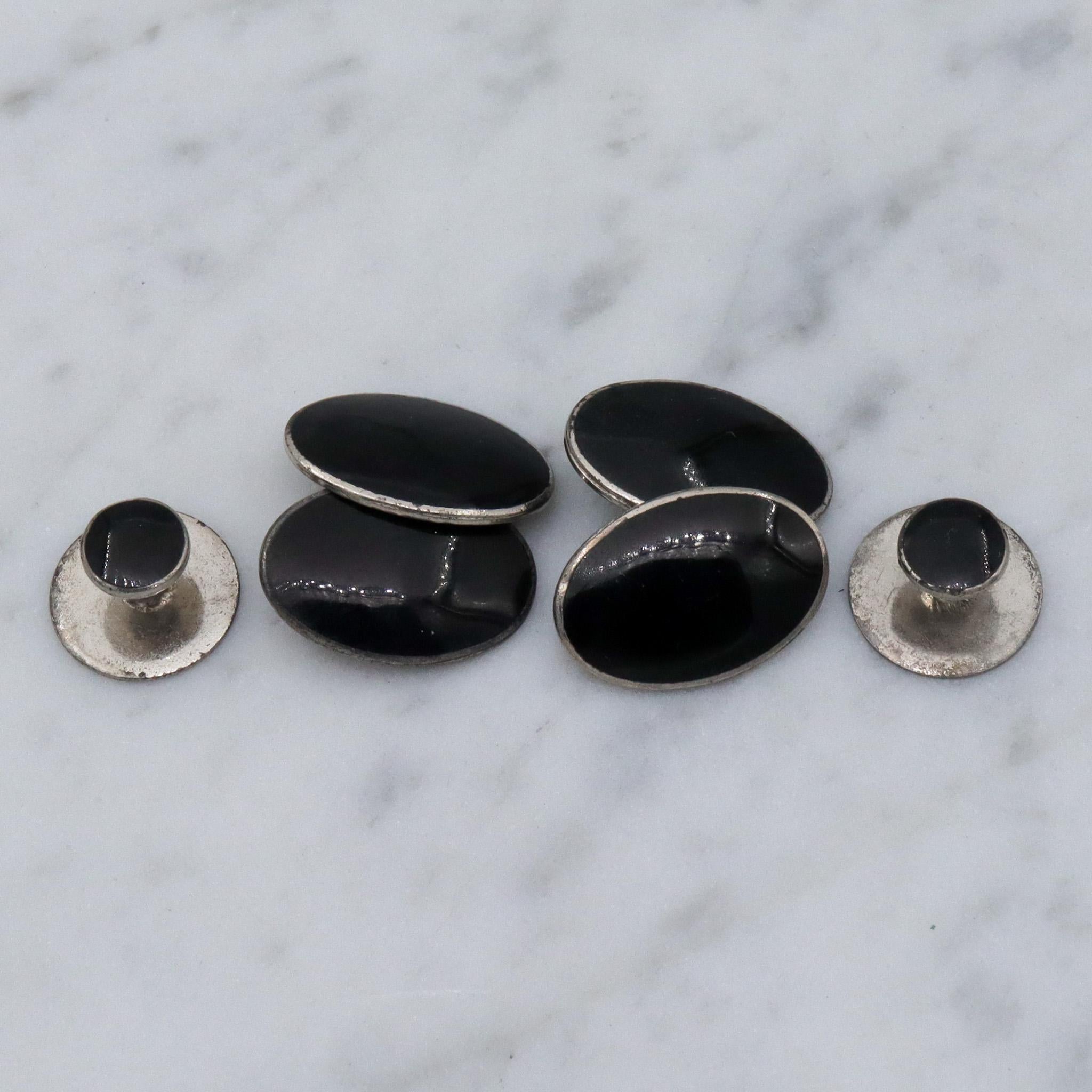 Vintage sterling silver enamel cuff links and button stud set