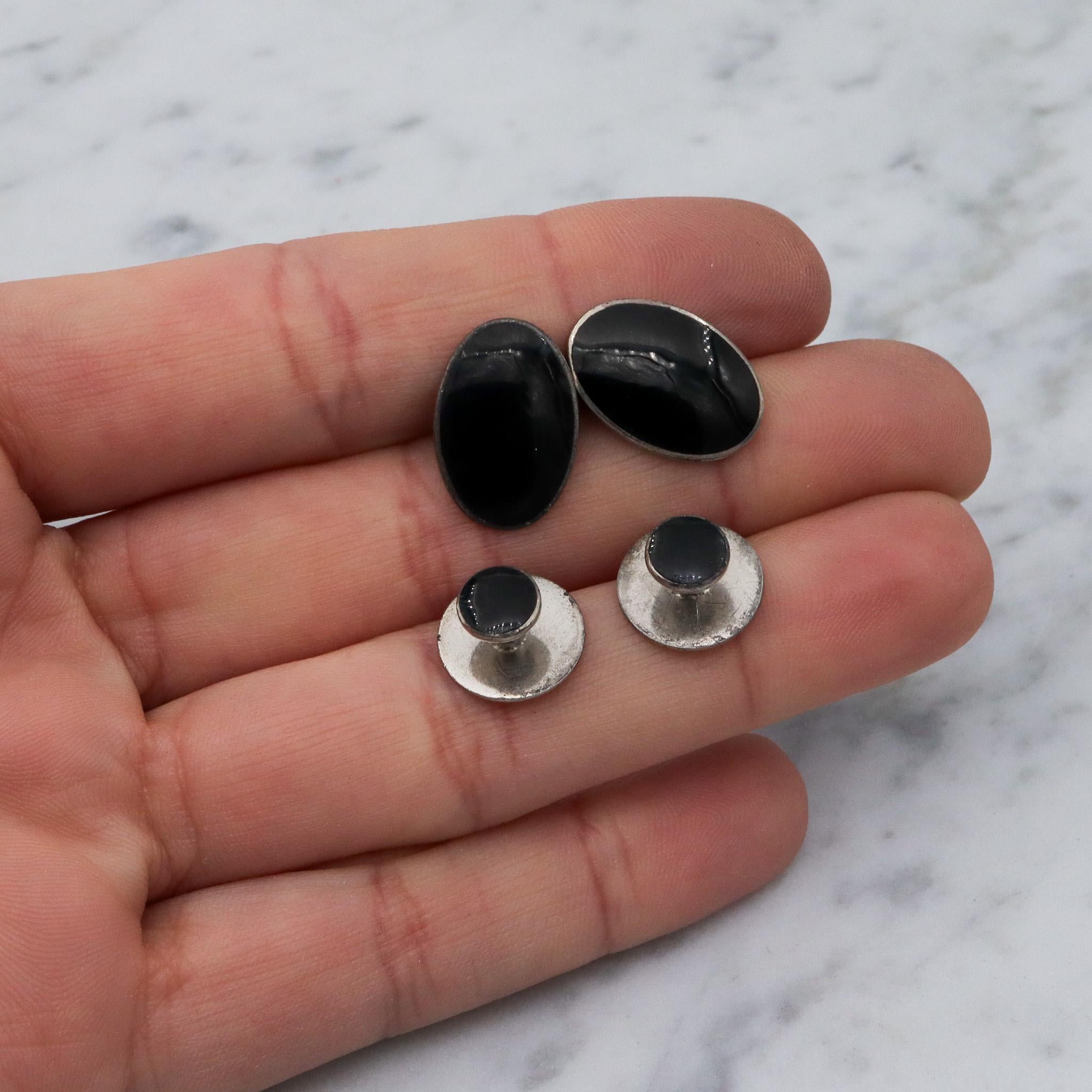 Vintage sterling silver enamel cuff links and button stud set